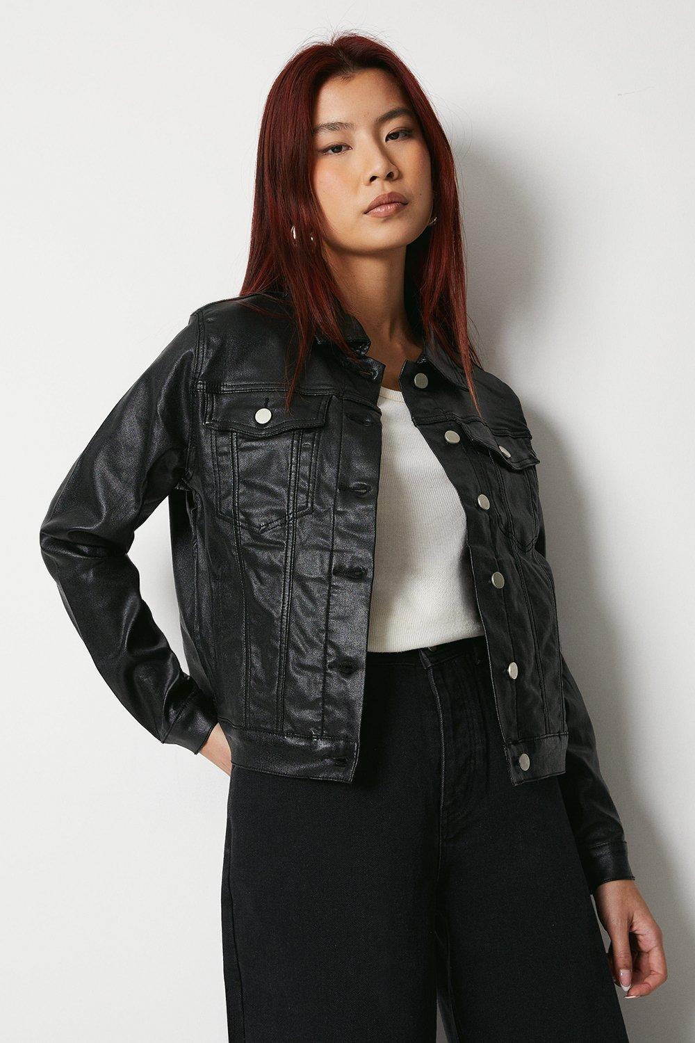 Womens Metallic Coated Denim Jacket - black