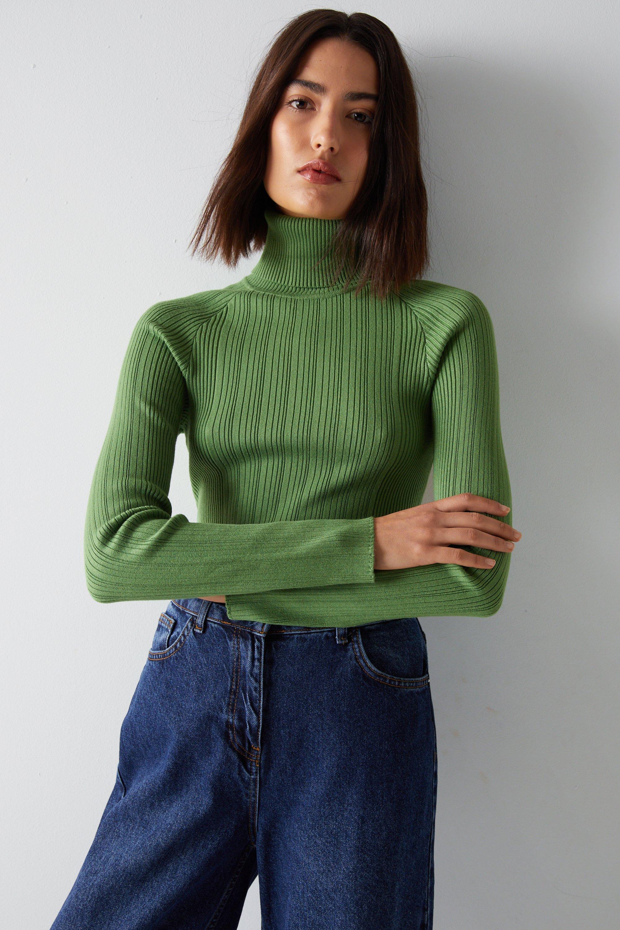 Womens Ribbed Roll Neck Jumper - green