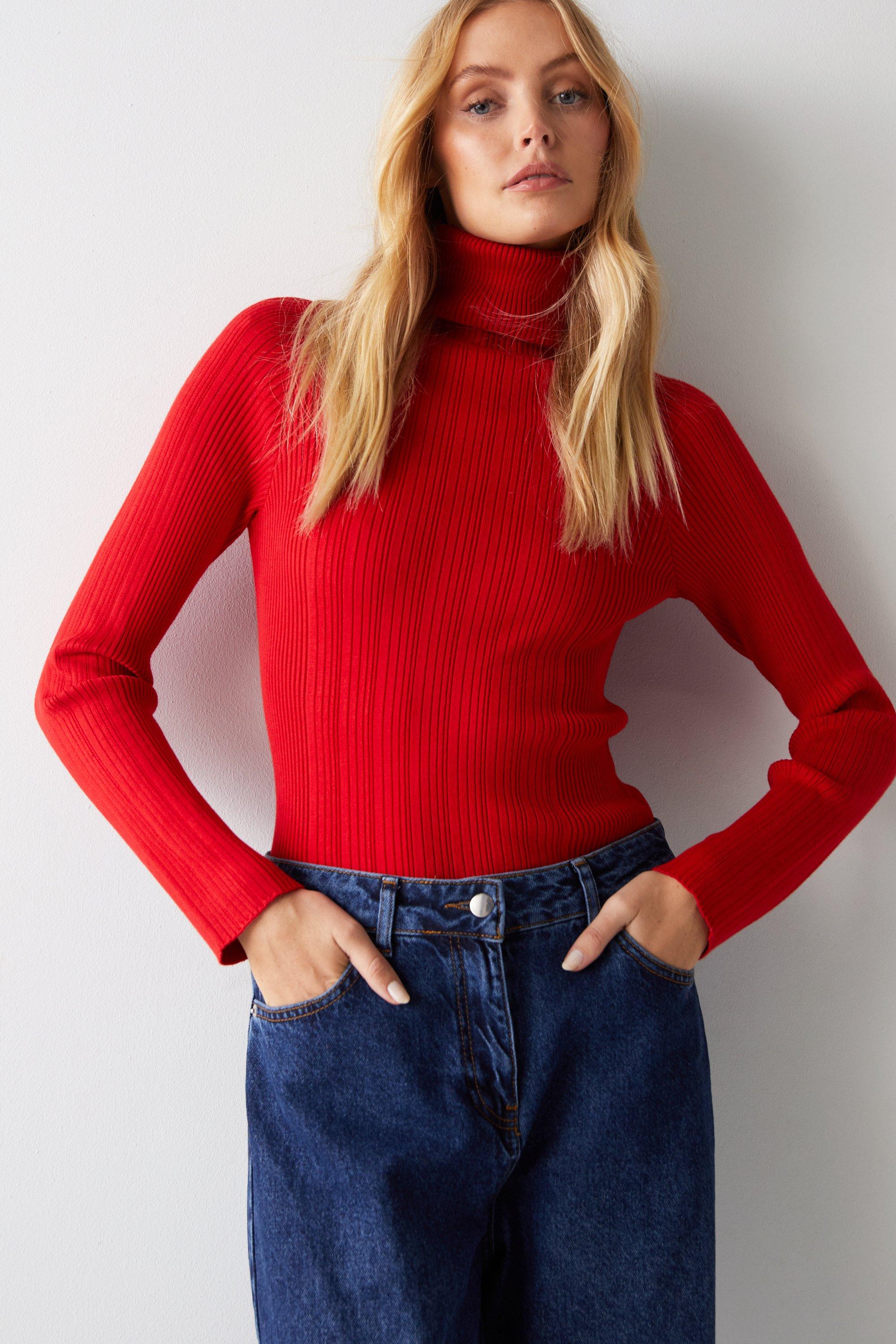 Womens Ribbed Roll Neck Jumper - red