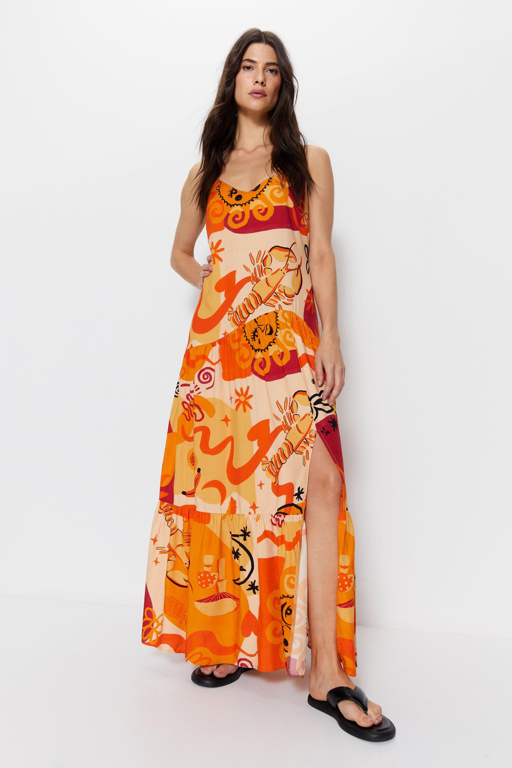 Womens Viscose Sun Abstract Print Strappy Maxi Beach Dress - burnt orange