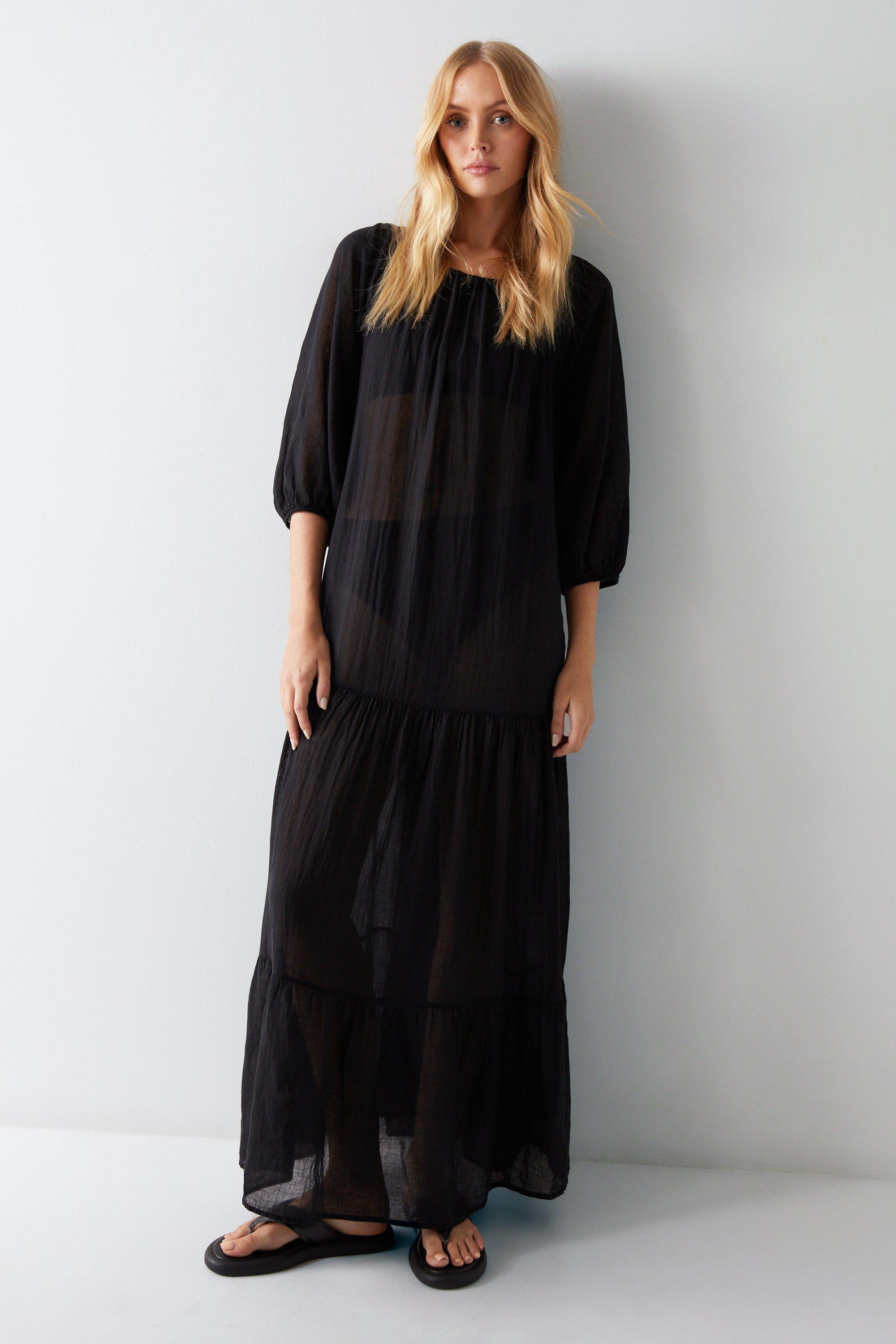 Womens Cotton Ruched Neck Balloon Sleeve Tiered Maxi Beach Dress - black