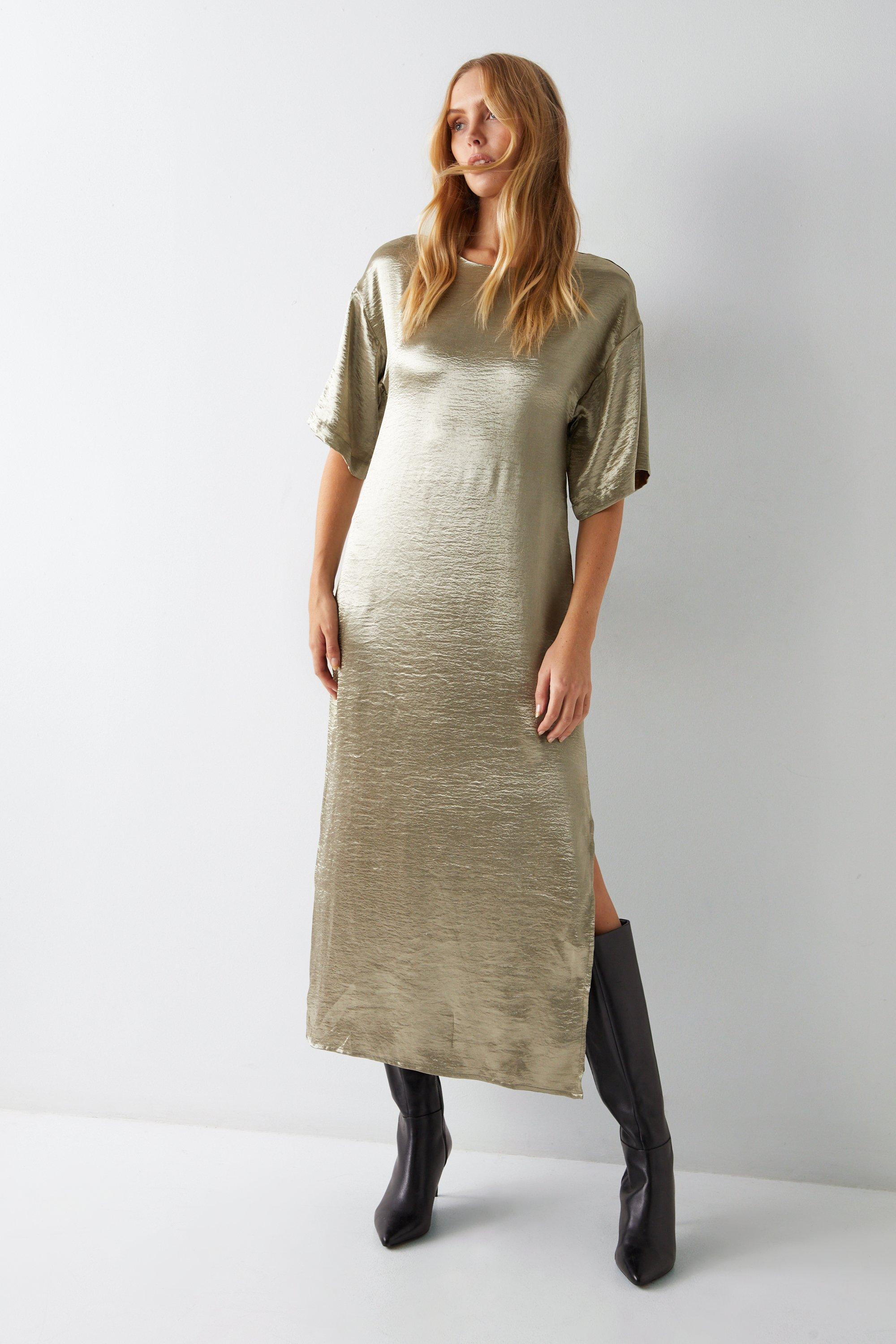 Dresses Metallic Satin T shirt Column Midi Dress Warehouse