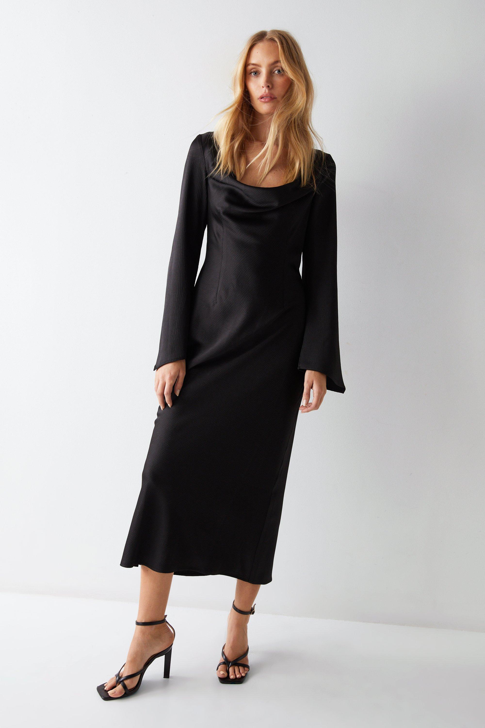 Womens Cowl Neck Textured Satin Column Midi Dress - black