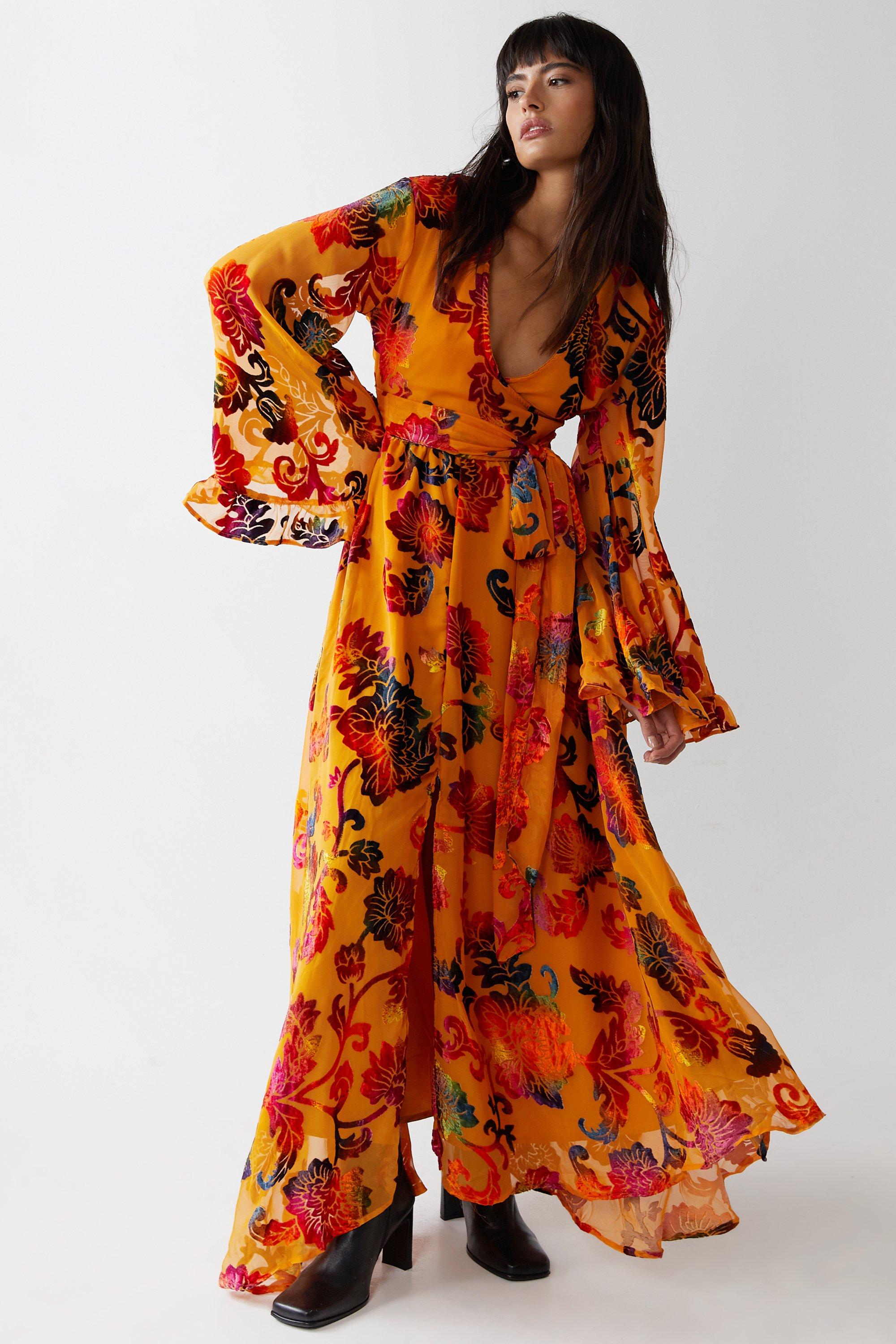 Womens Flared Sleeve Devore Tie Belted Maxi Dress - amber