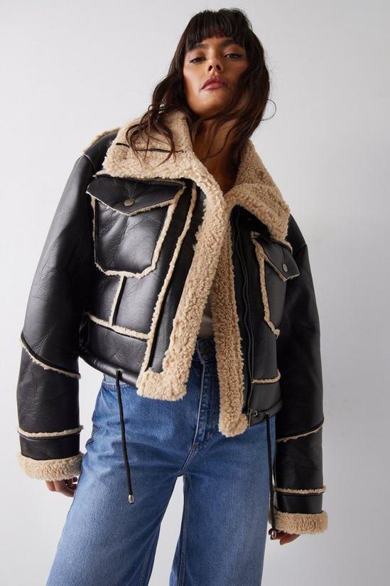 Warehouse Faux Leather Shearling Crop Jacket 1