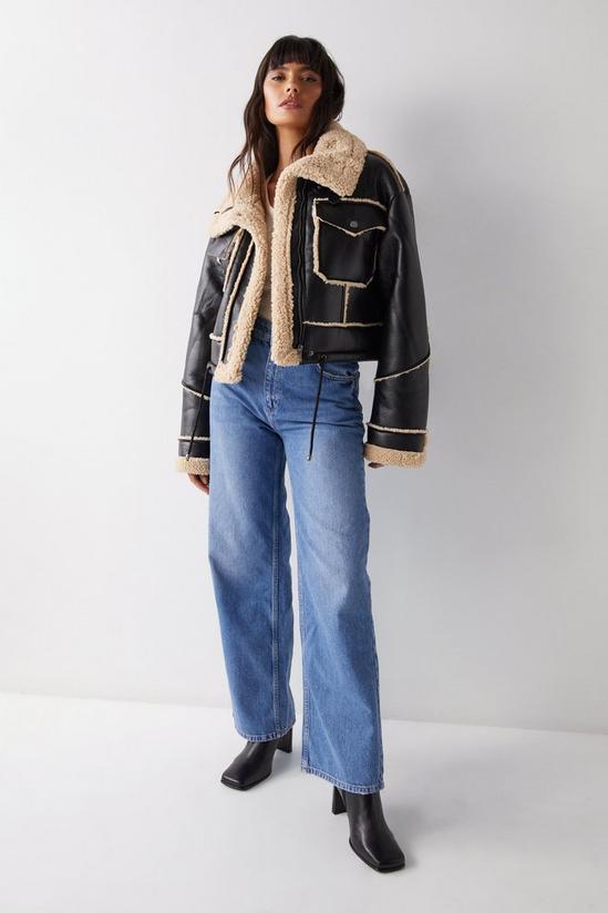 Warehouse Faux Leather Shearling Crop Jacket 2