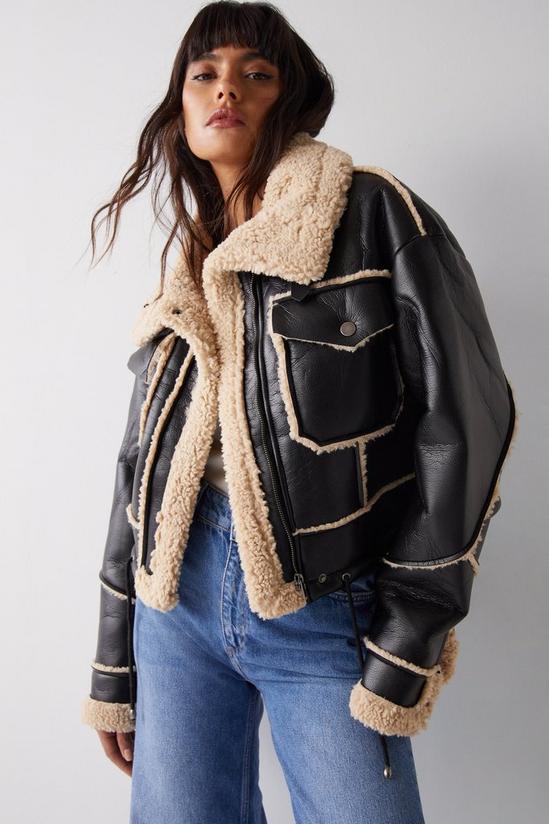 Warehouse Faux Leather Shearling Crop Jacket 3