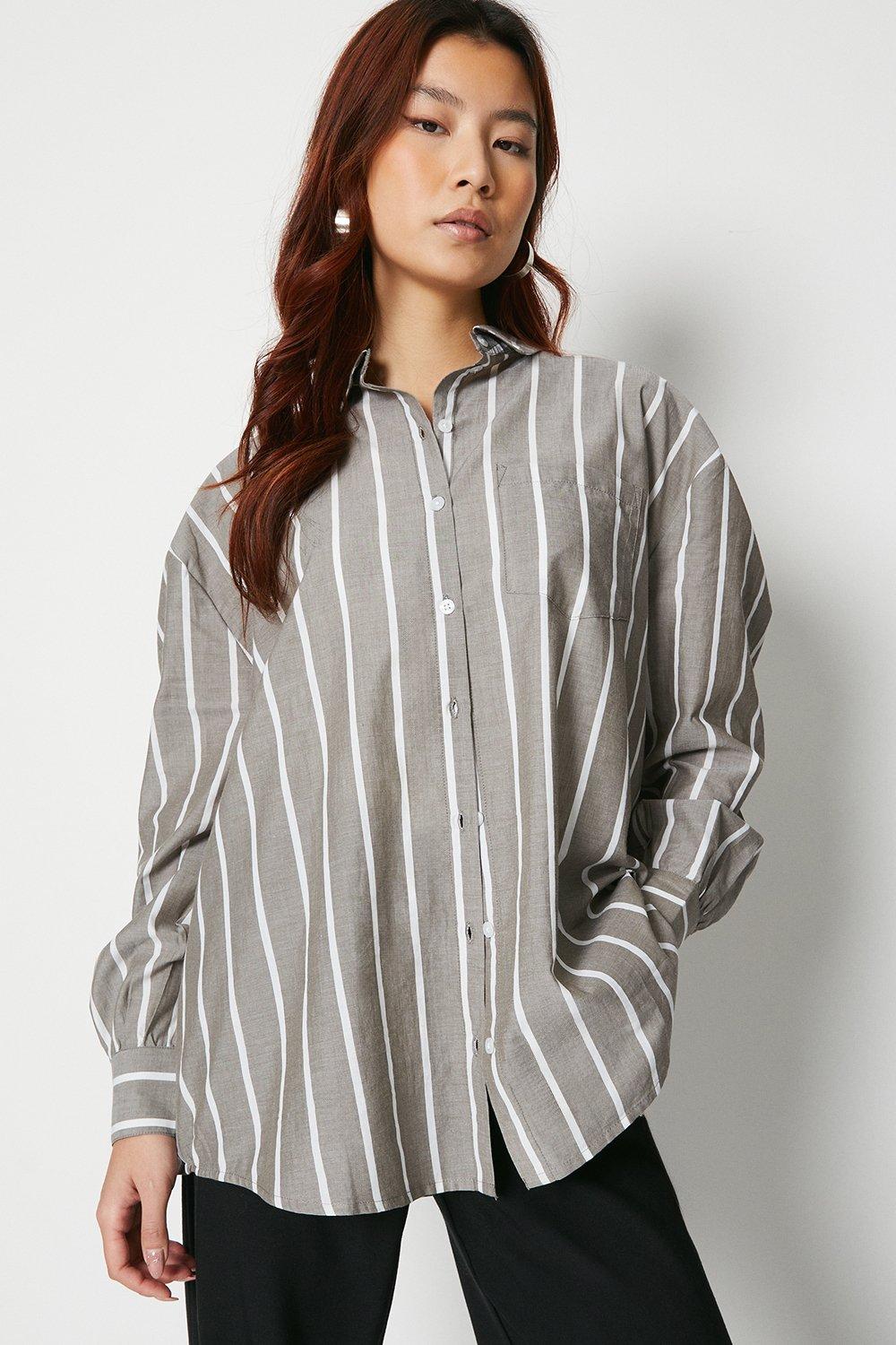 Womens Stripe Oversize Shirt - khaki