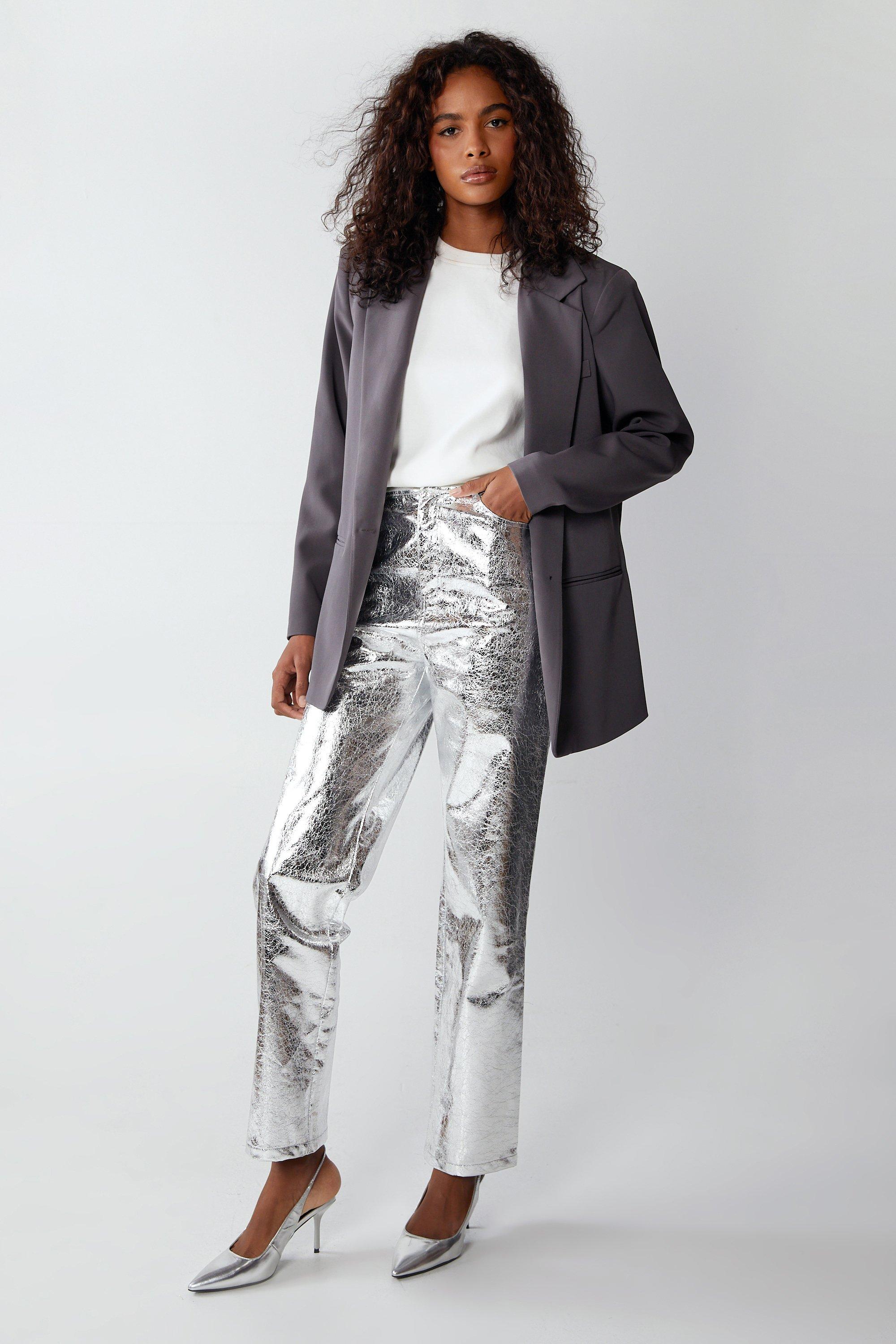 Womens Premium Metallic Crackle Faux Leather  Trouser - silver