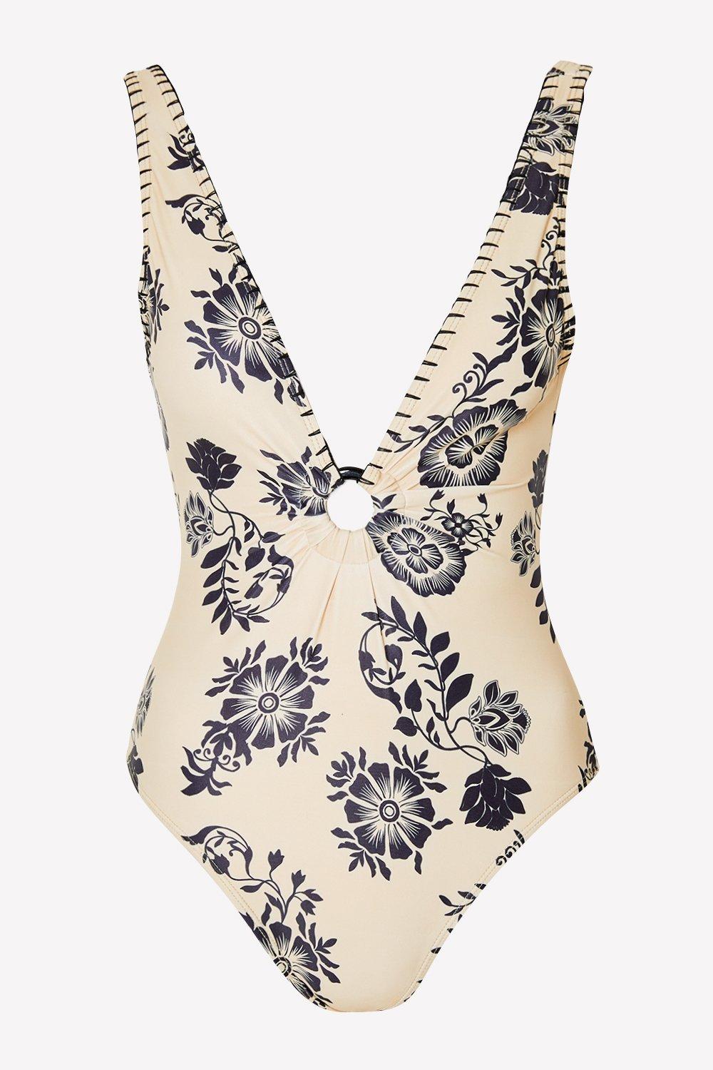 Womens Floral Embroidered Ring Plunge Swimsuit - cream