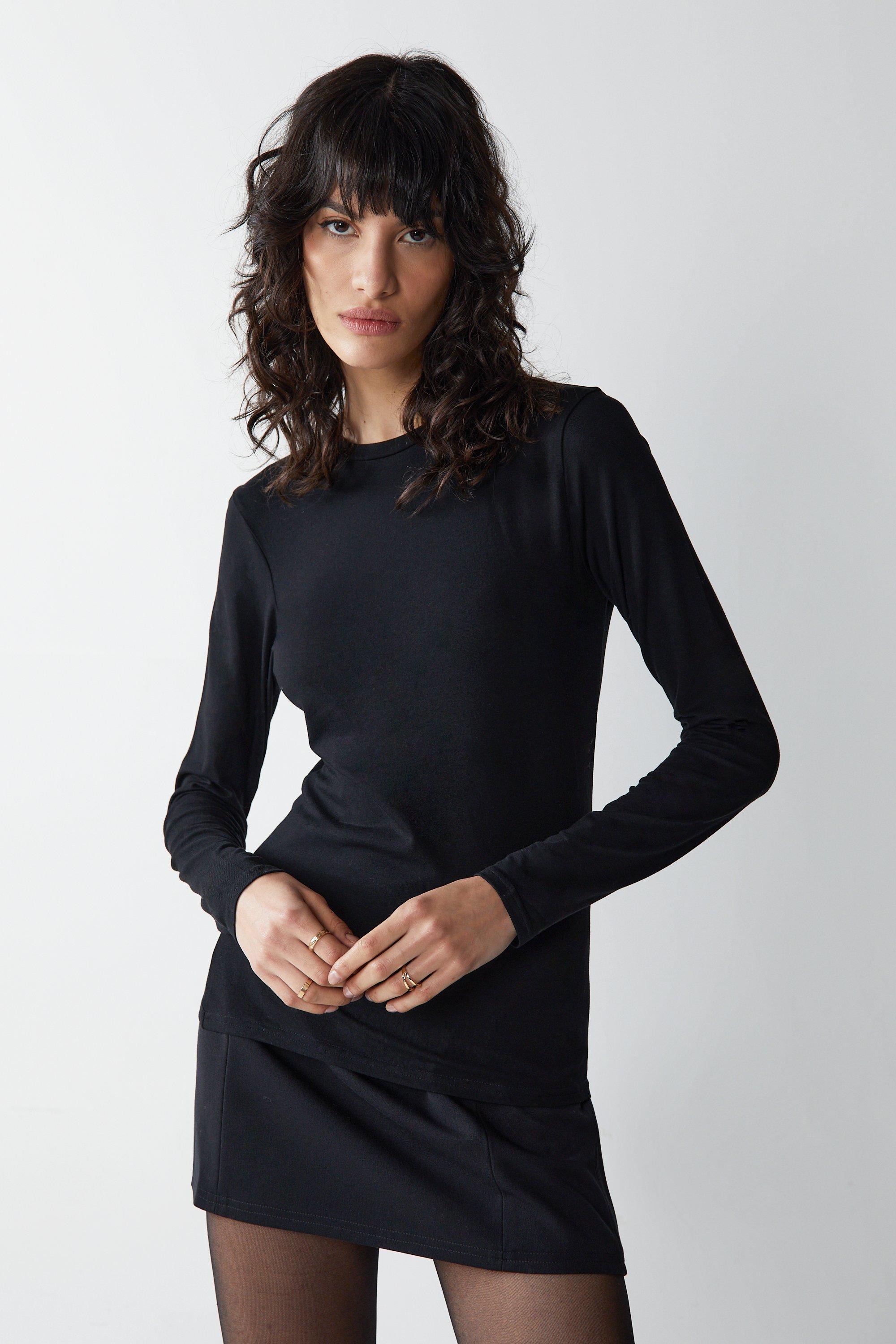 Womens Premium Soft Touch Crew Neck Long Sleeve Crop Top - black