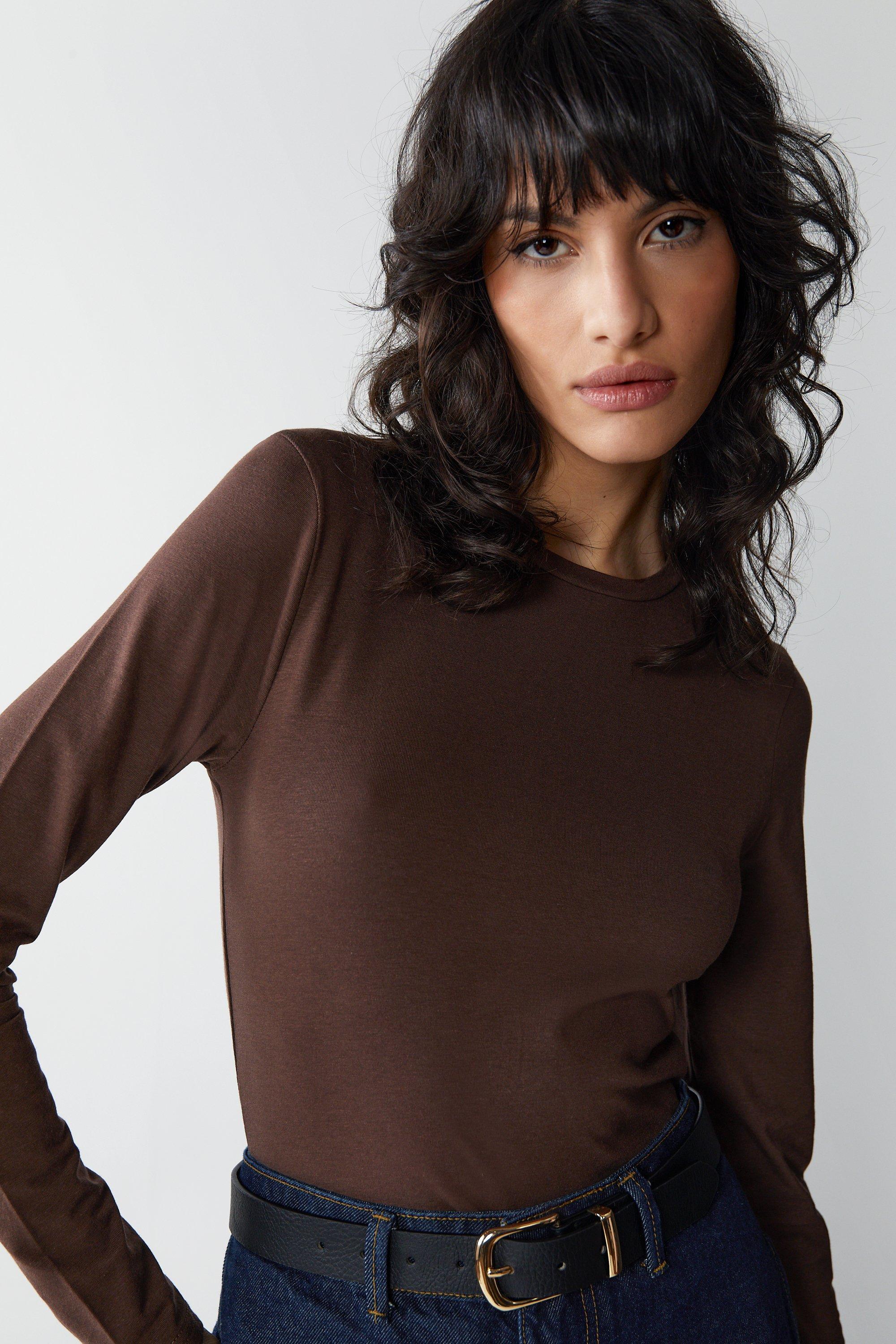 Womens Premium Soft Touch Crew Neck Long Sleeve Crop Top - chocolate