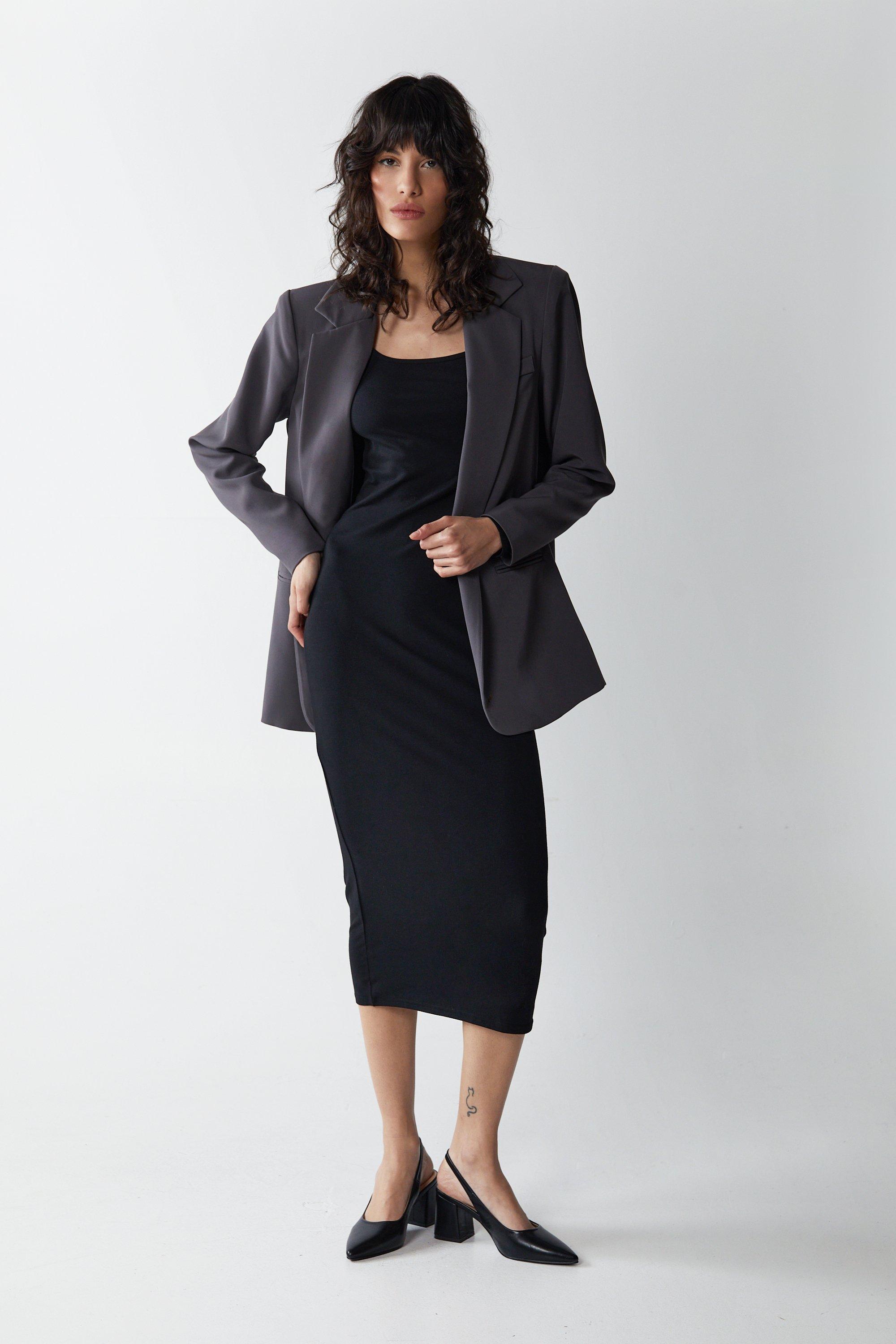 Womens Premium Soft Touch Long Sleeve Square Neck Midi Dress - black