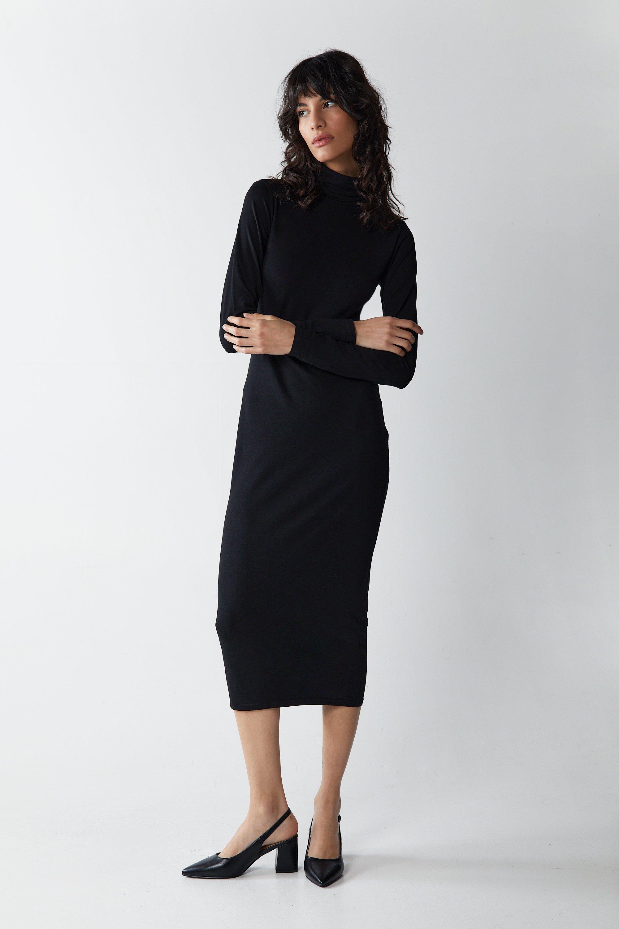 Womens Premium Soft Touch Roll Neck Long Sleeve Midi Dress - black
