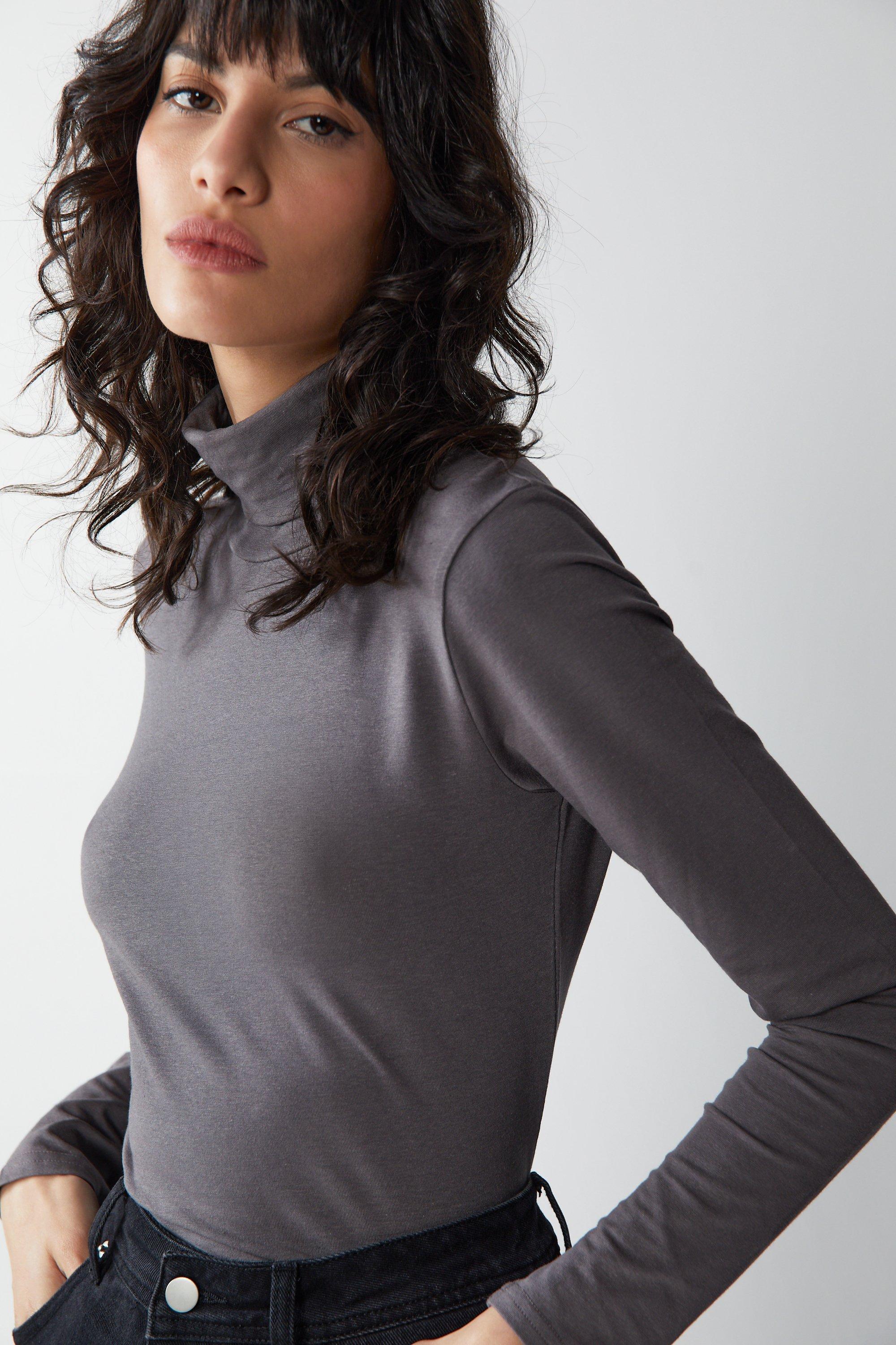 Womens Premium Soft Touch Roll Neck Long Sleeve Top - charcoal