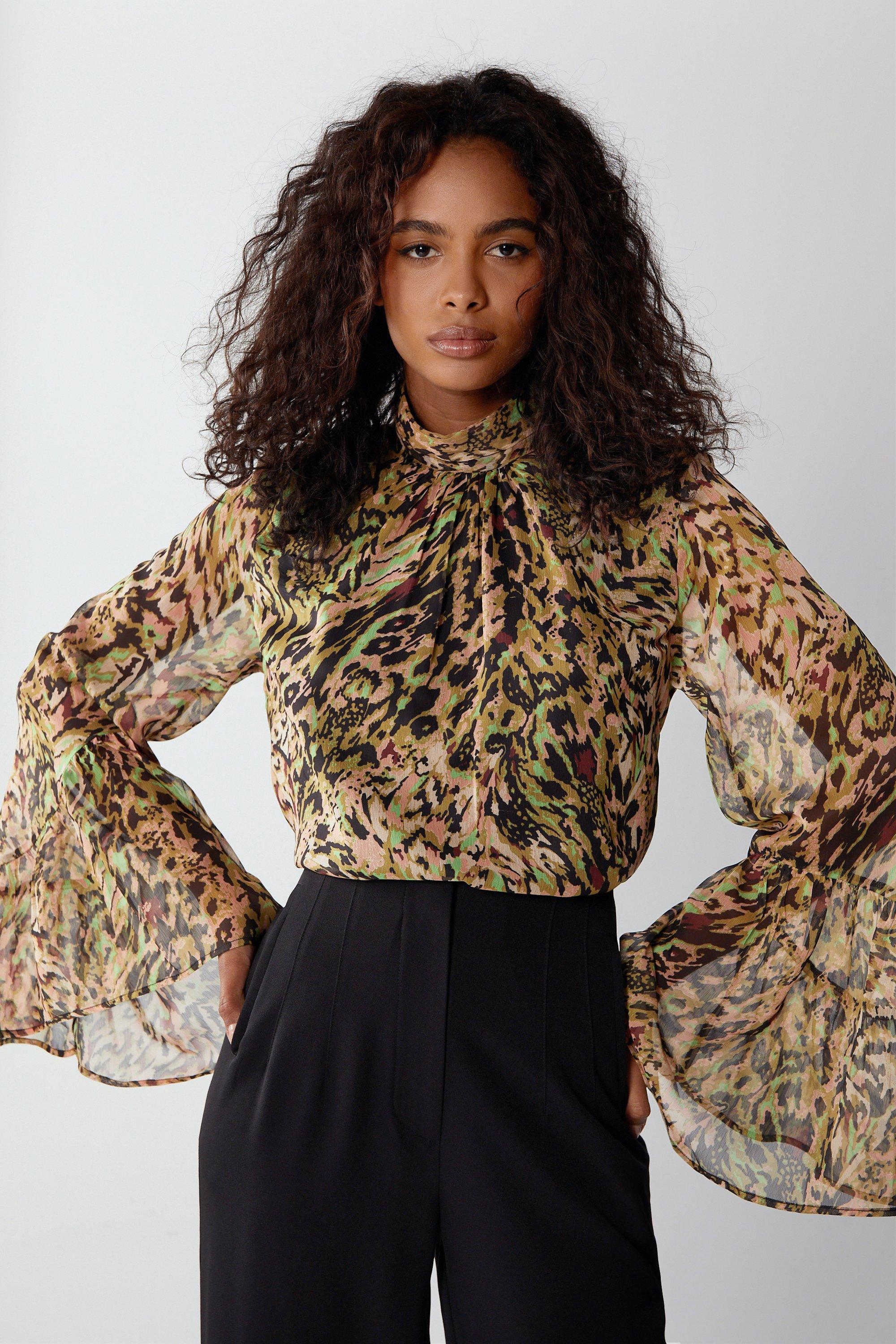 Womens Leopard Print Flare Sleeve Top