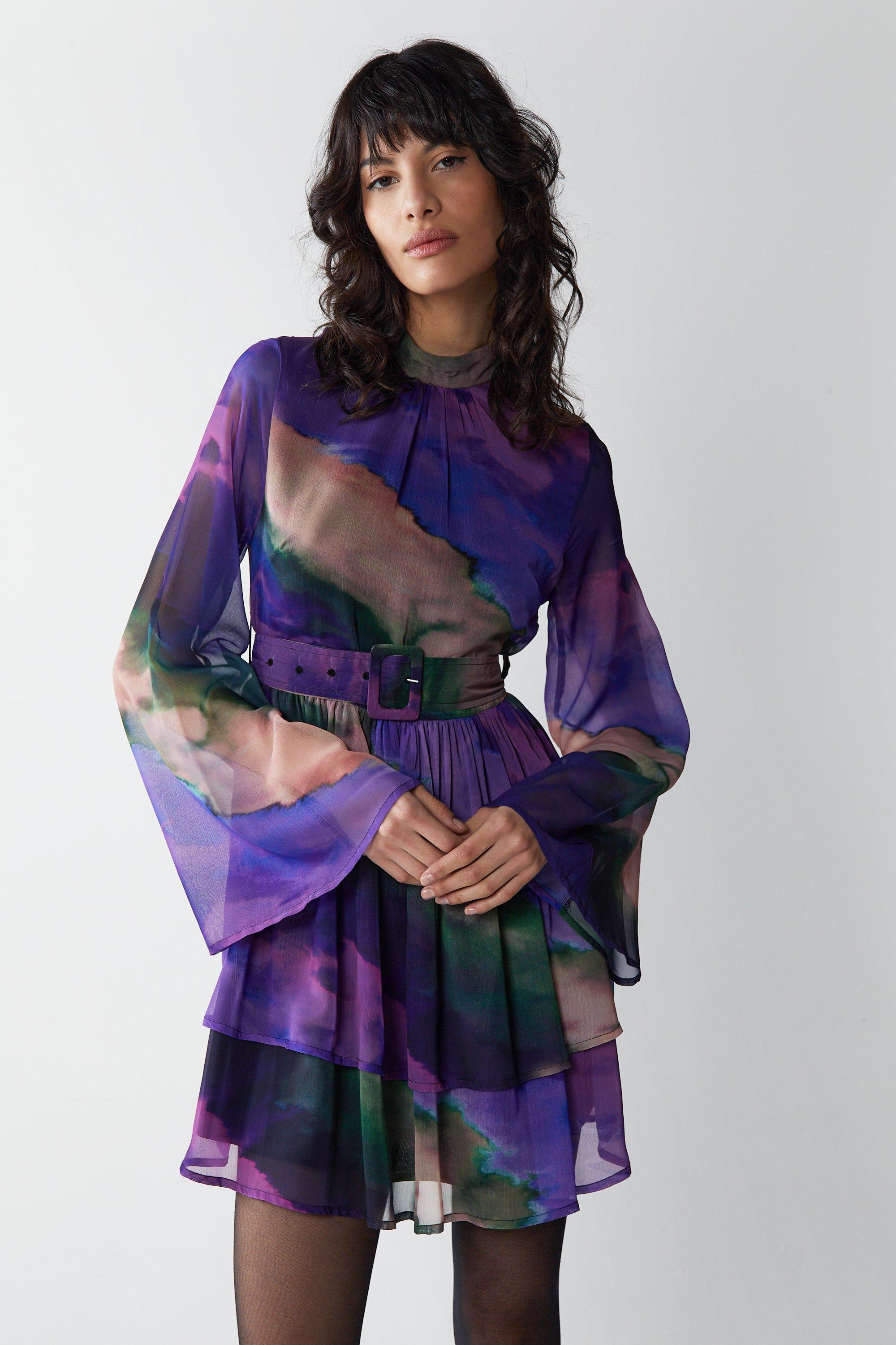 Womens Ombre Stripe Printed Flare Sleeve Mini Dress - purple