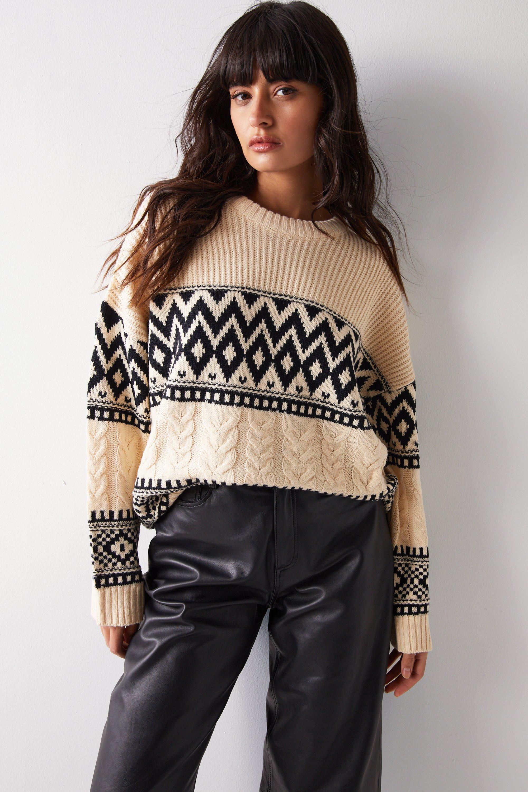 Womens Oversized Jacquard Cable Knit Jumper - oatmeal