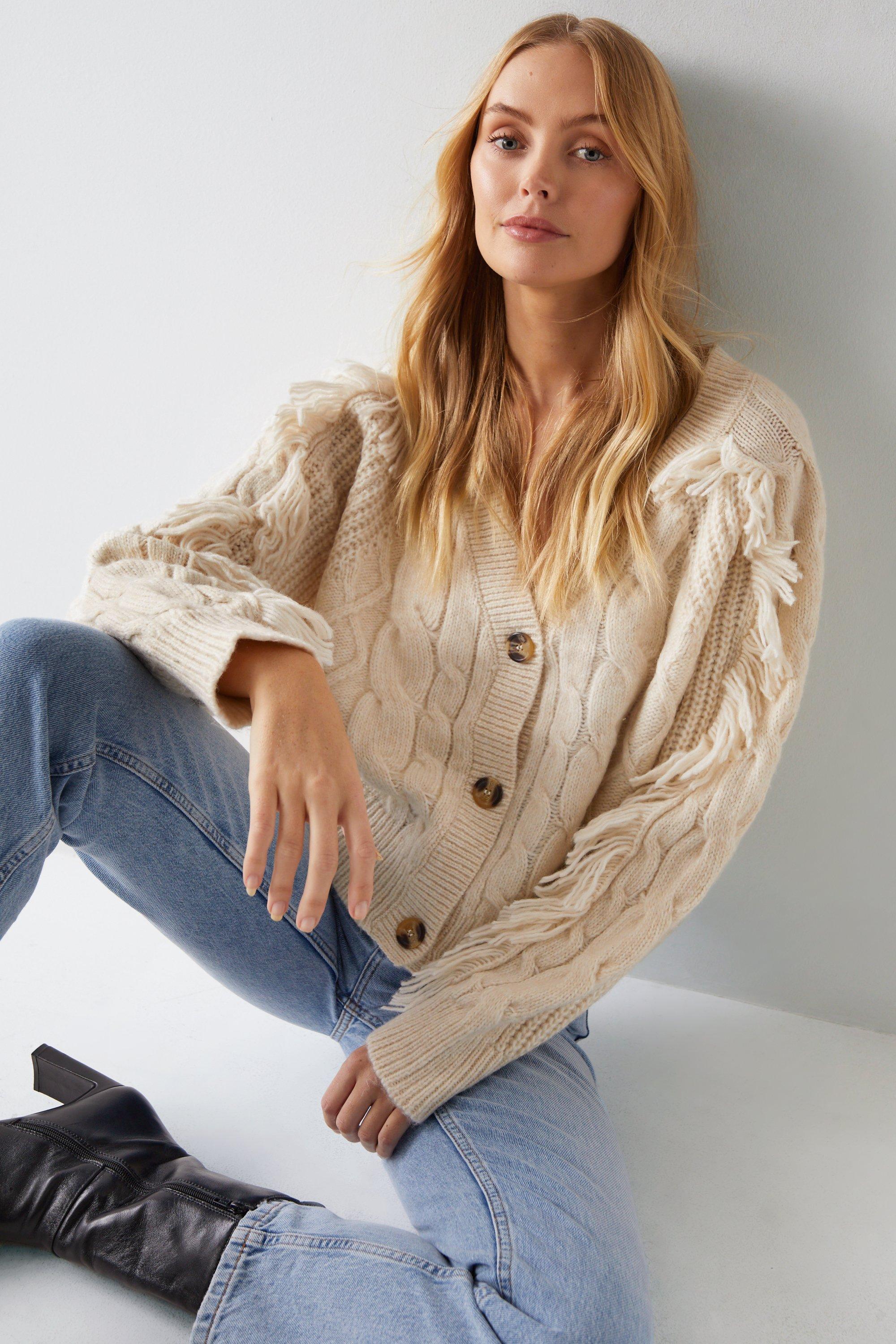 Womens Tassel Detail Cable Knit Cardigan - oatmeal