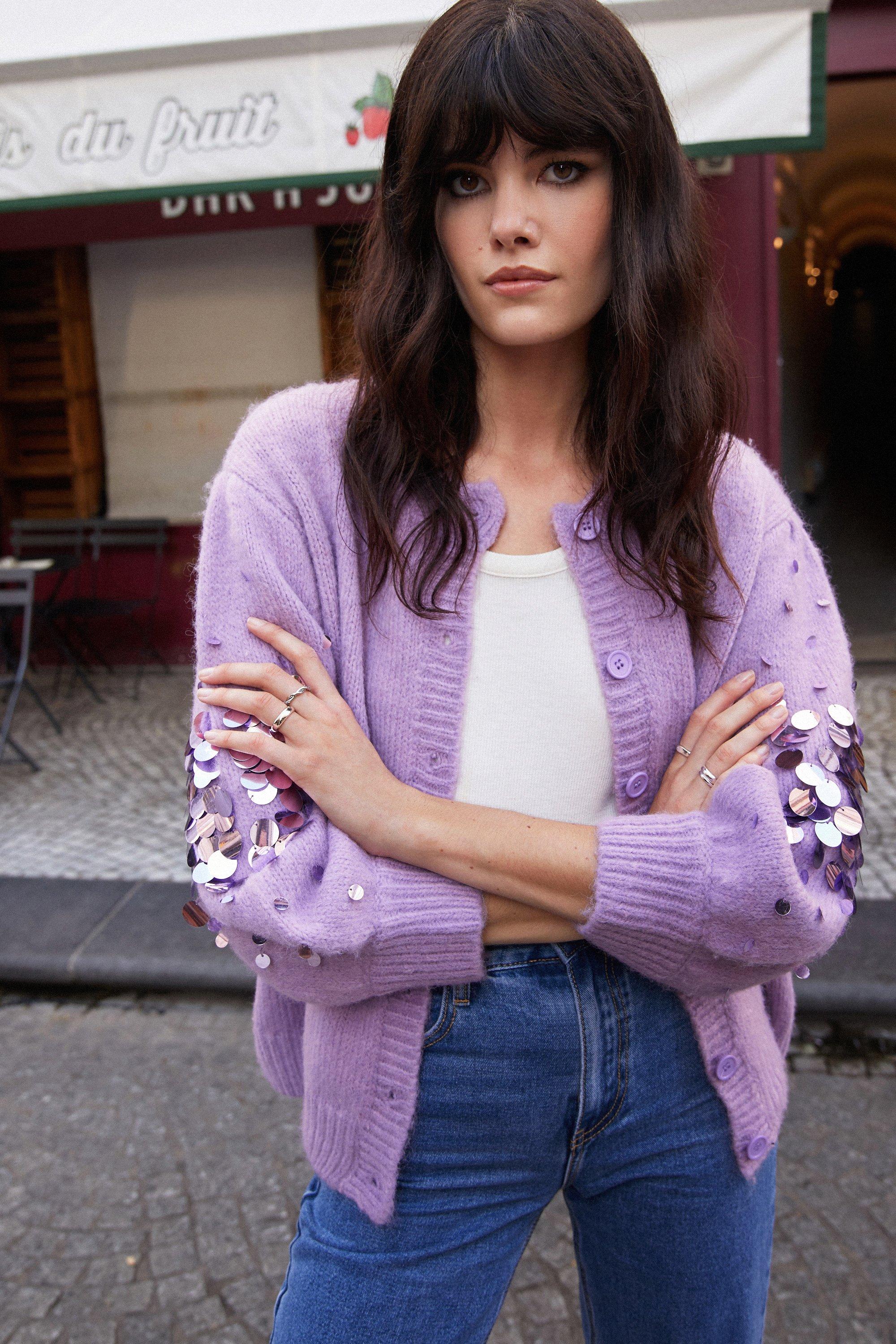 Womens Sequin Detail Button Up Cardigan - lilac