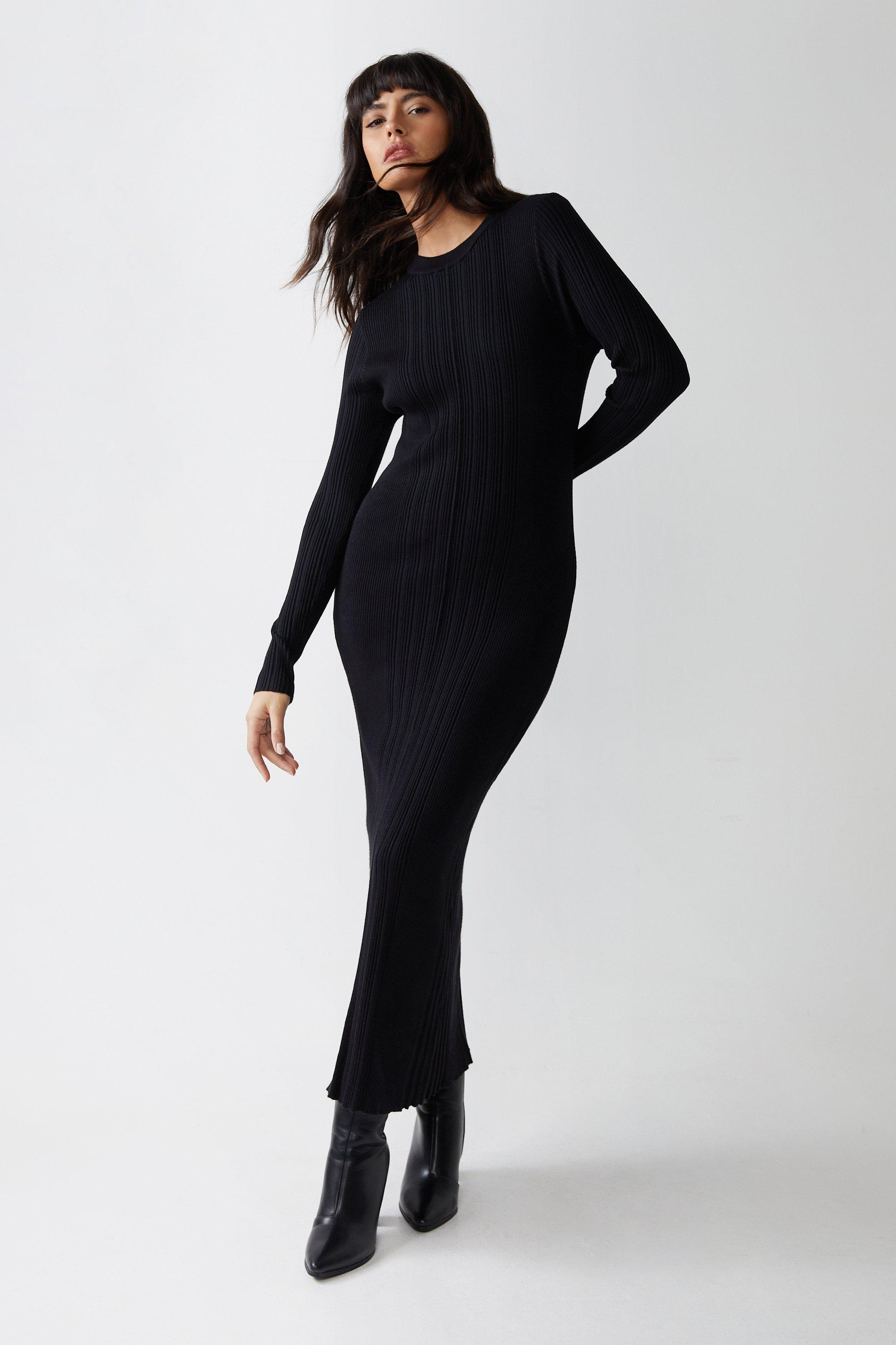 Womens Ribbed Long Sleeve Maxi Dress - black