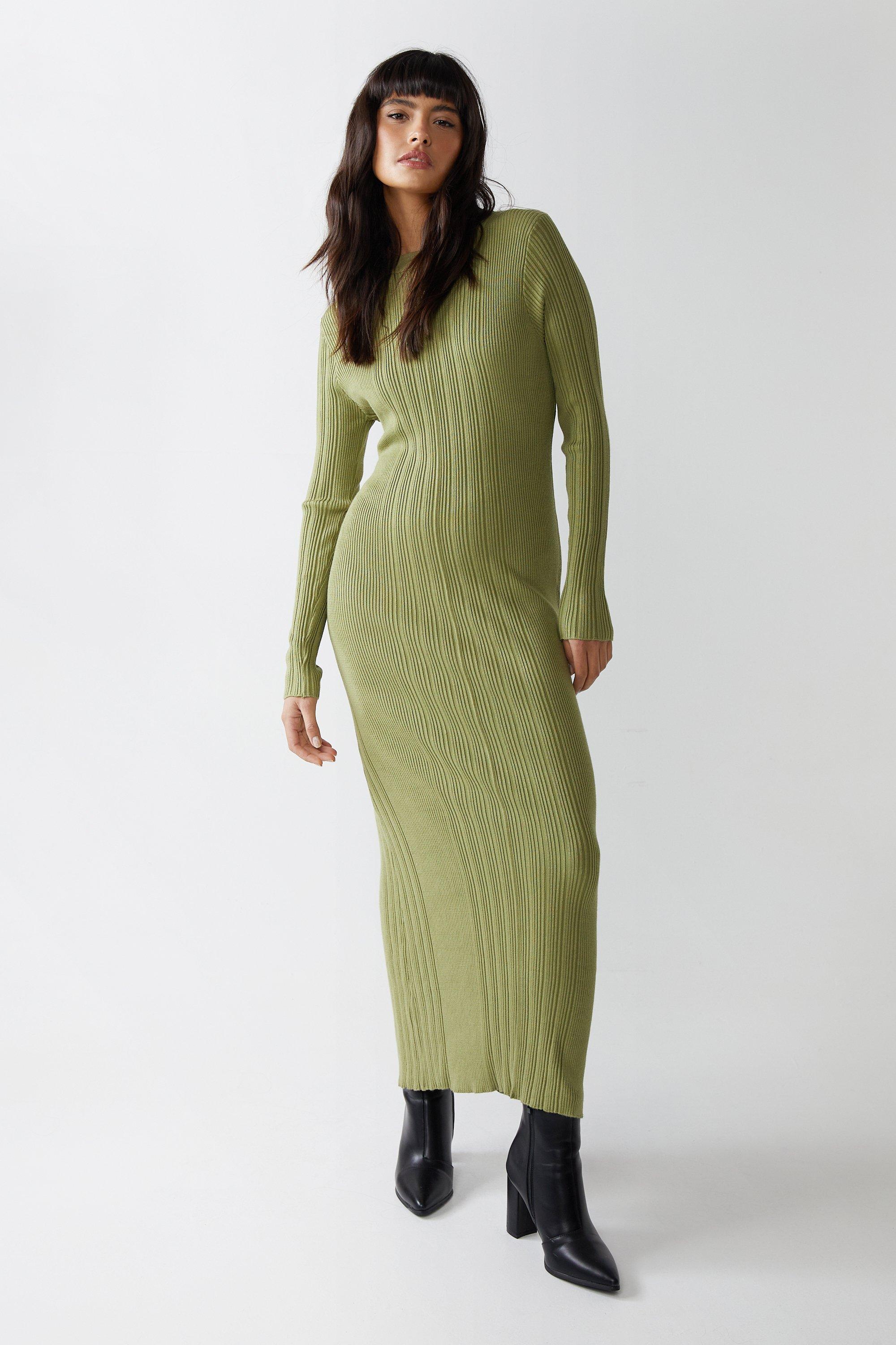 Womens Ribbed Long Sleeve Maxi Dress - olive