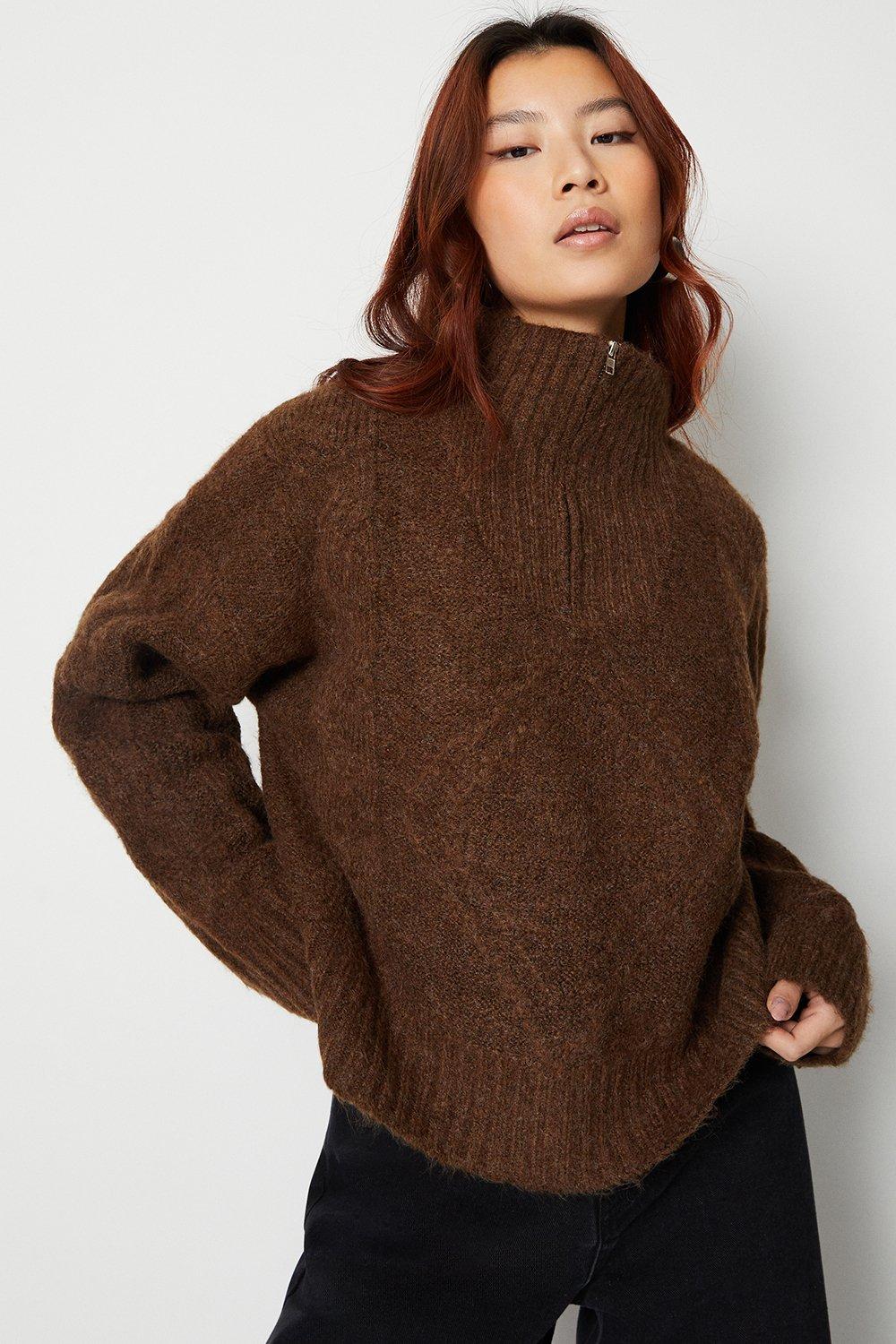 Womens Cable Funnel Neck Jumper - chocolate