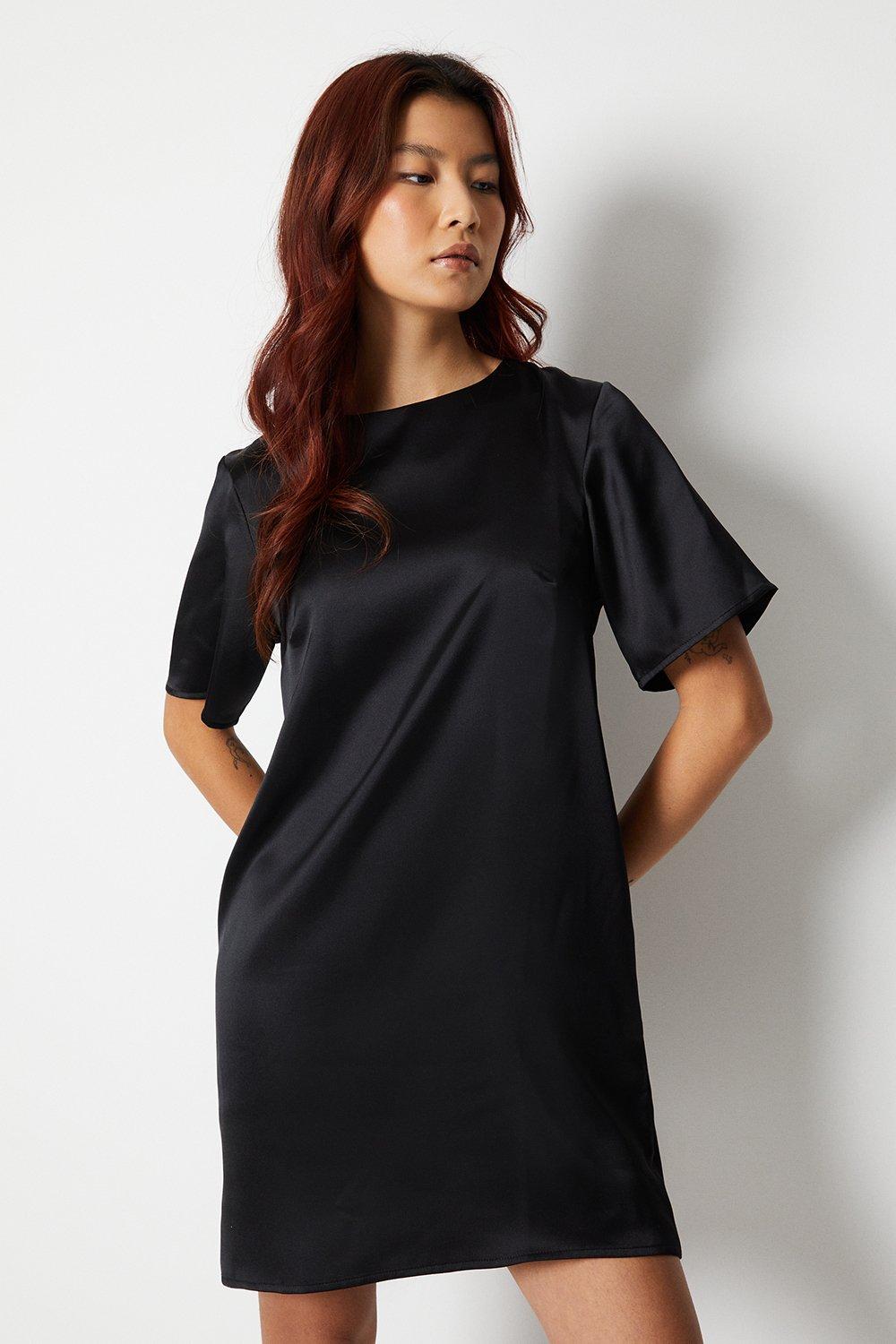 Womens Relaxed Fit Boxy Satin Tee Shirt Dress - black