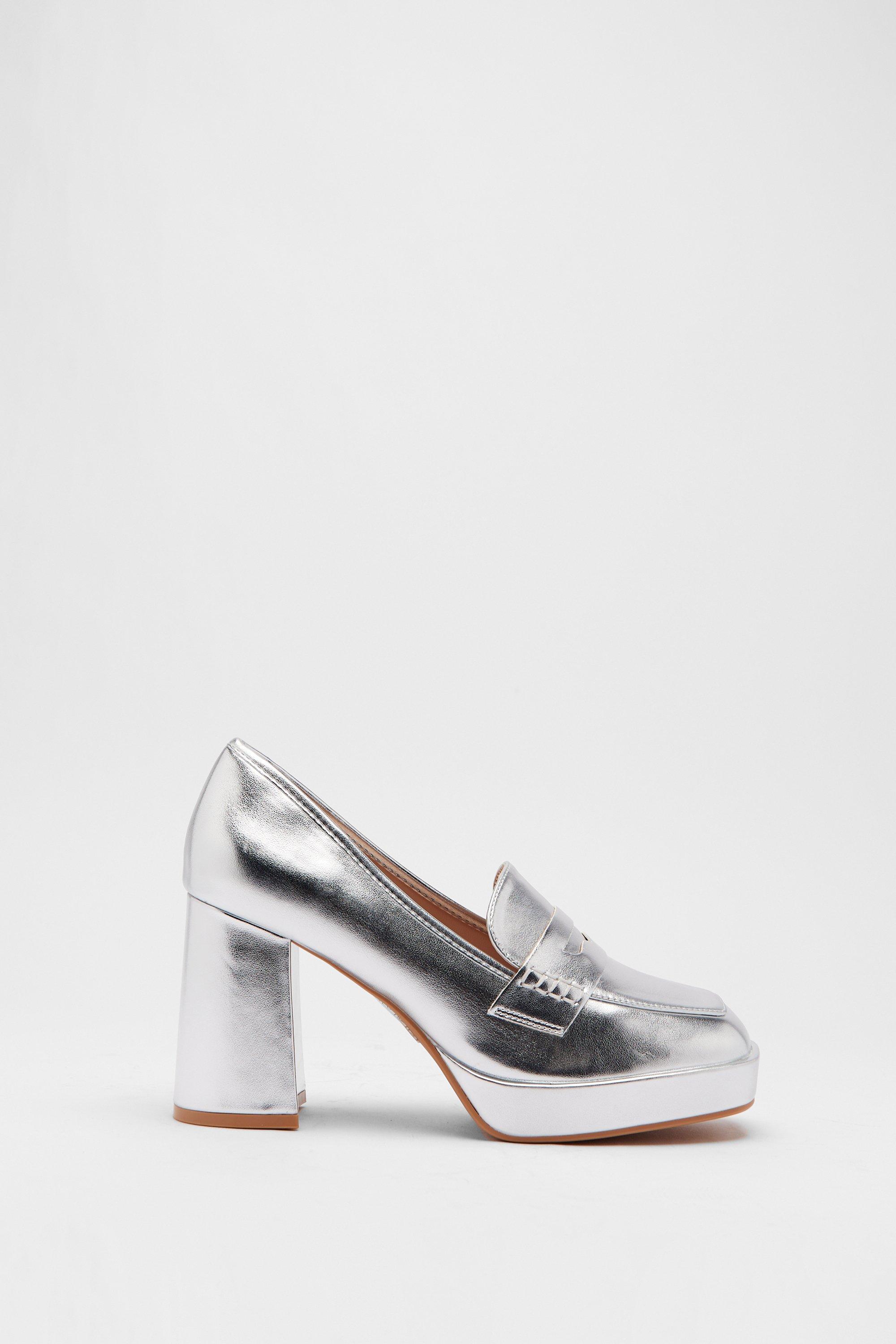 Womens Faux Leather Platform Mary Jane - silver