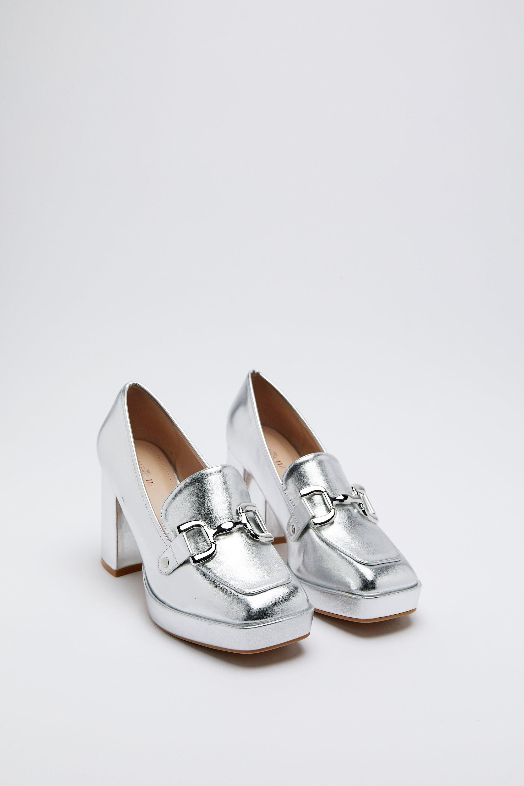 Womens Faux Leather Platform Mary Janes - silver