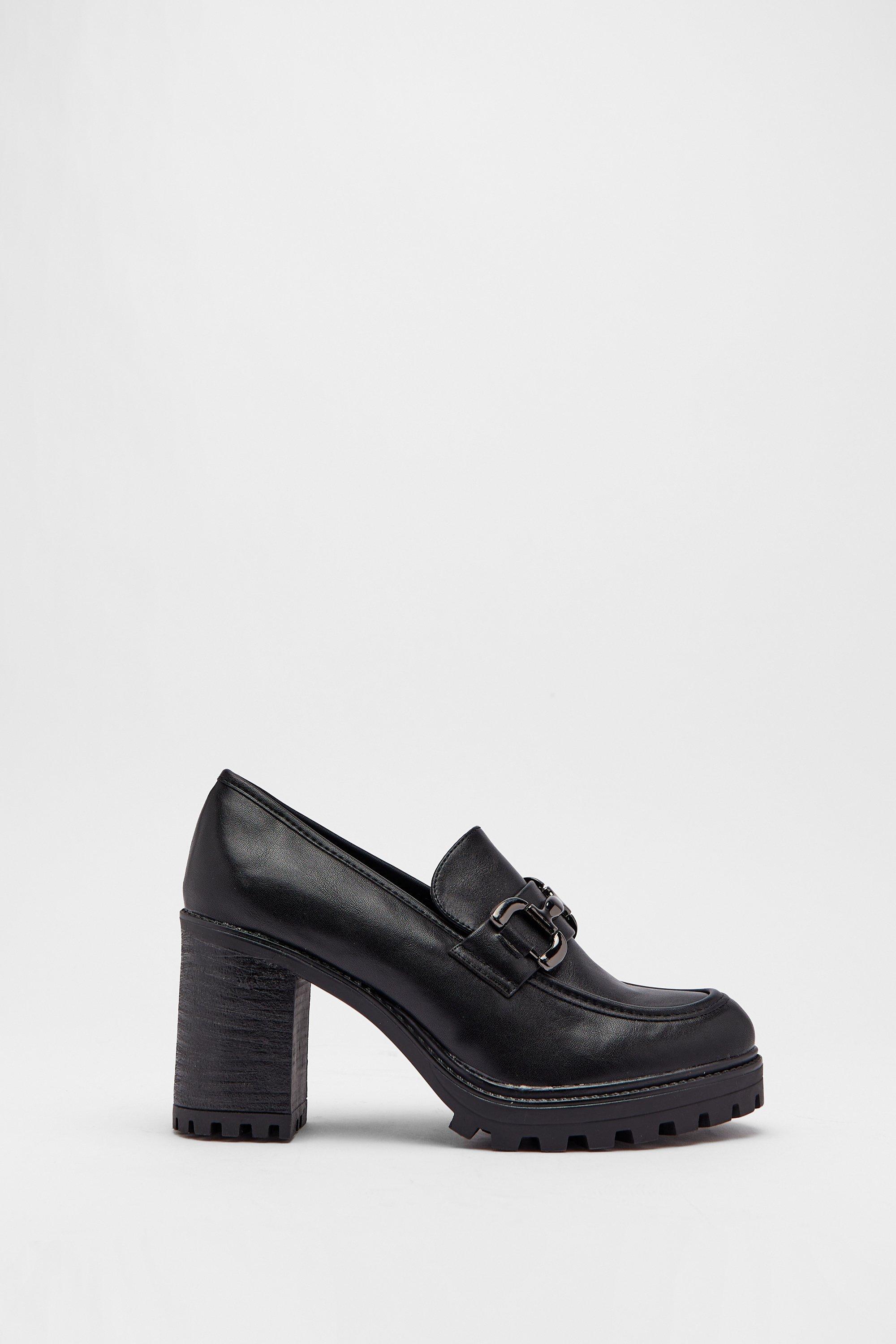 Womens Faux Leather Block Heel Loafer - black