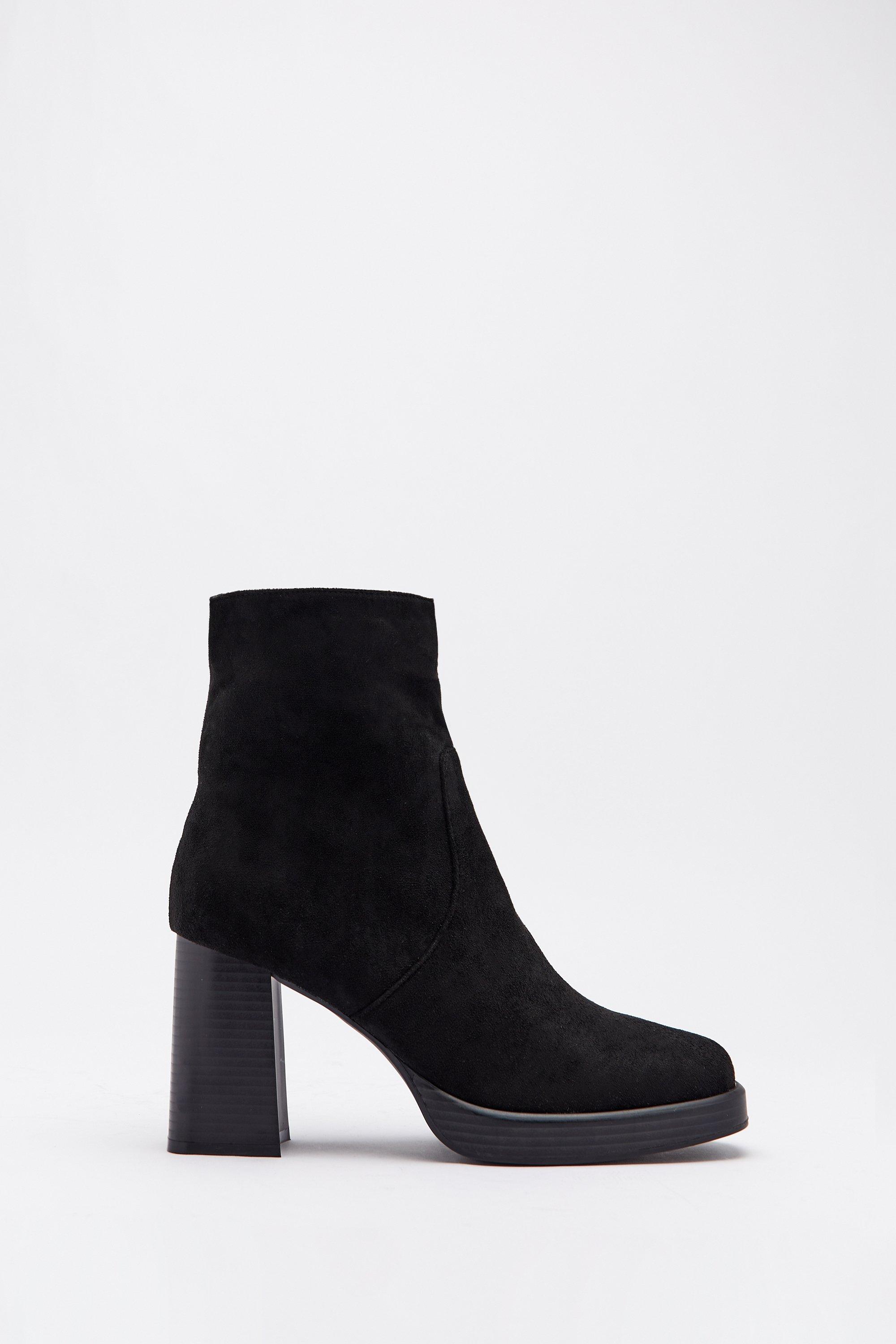 Womens Faux Suede Square Toe Platform Ankle Boot - black
