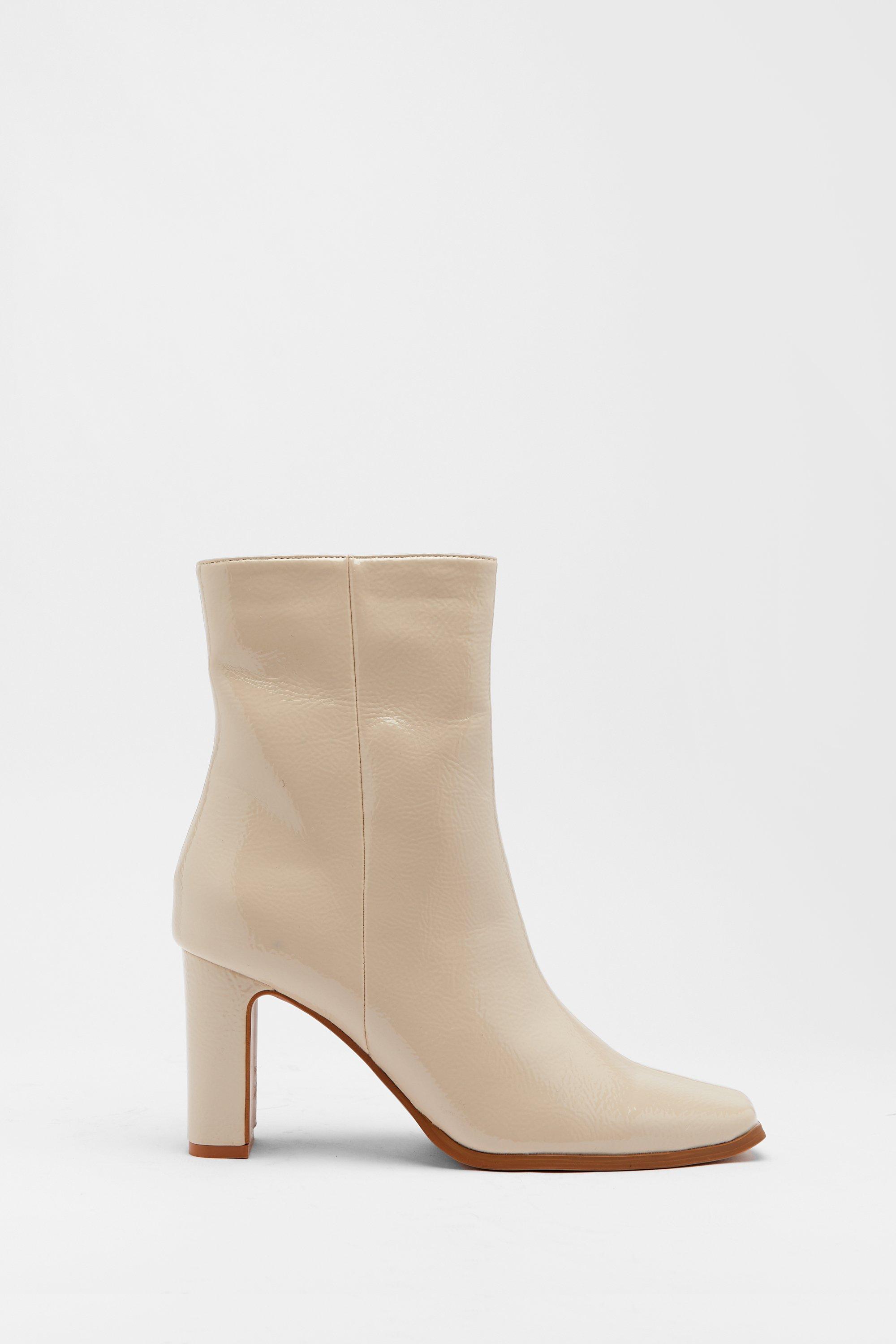 Boots | Sqaure Toe Patent Block Heel Ankle Boot | Warehouse