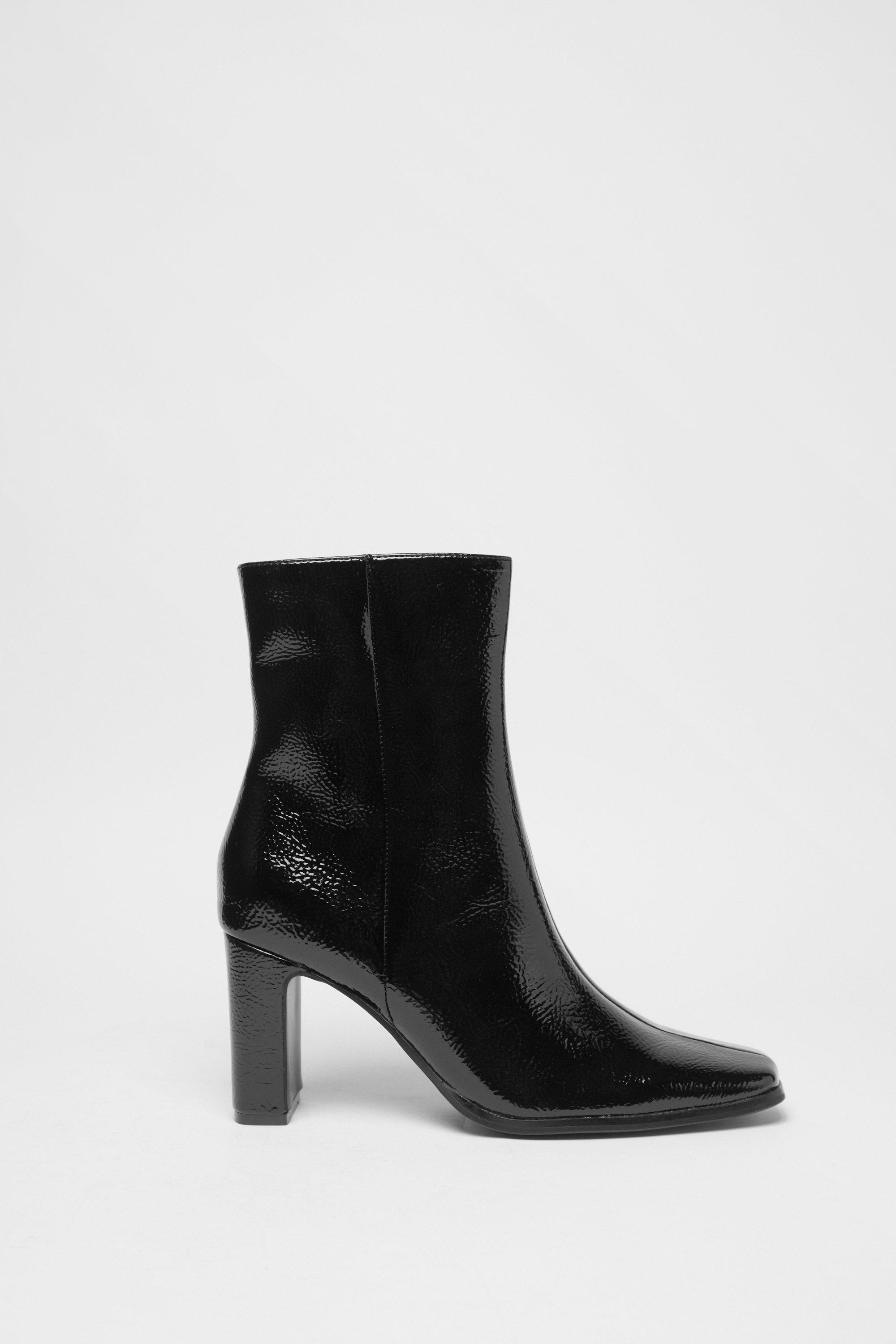 Womens Sqaure Toe Patent Block Heel  Ankle Boot - black