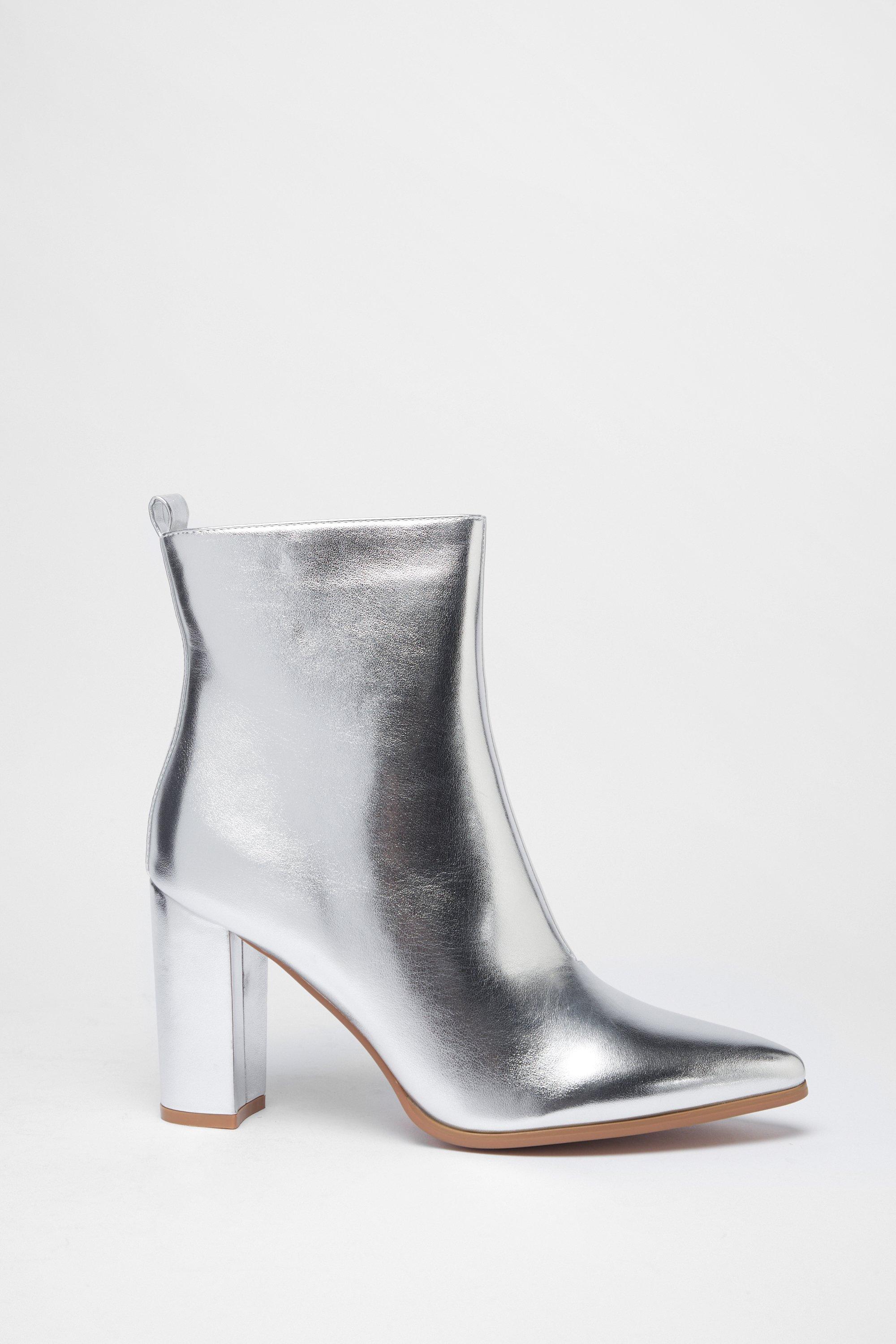 Womens Block Heel Ponted Toe Ankle Boot - silver