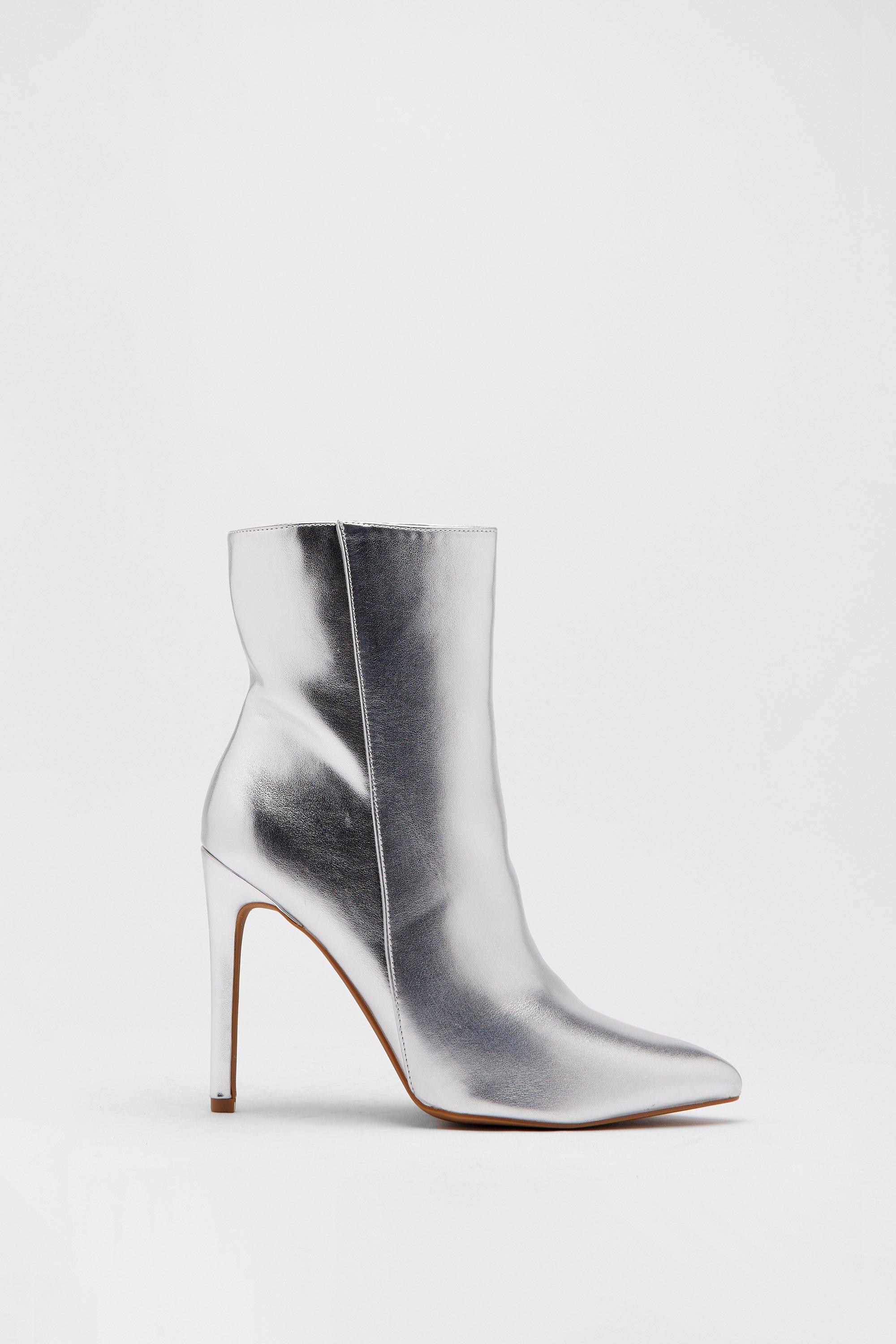 Womens Pointed Toe High Heeled Boot - silver