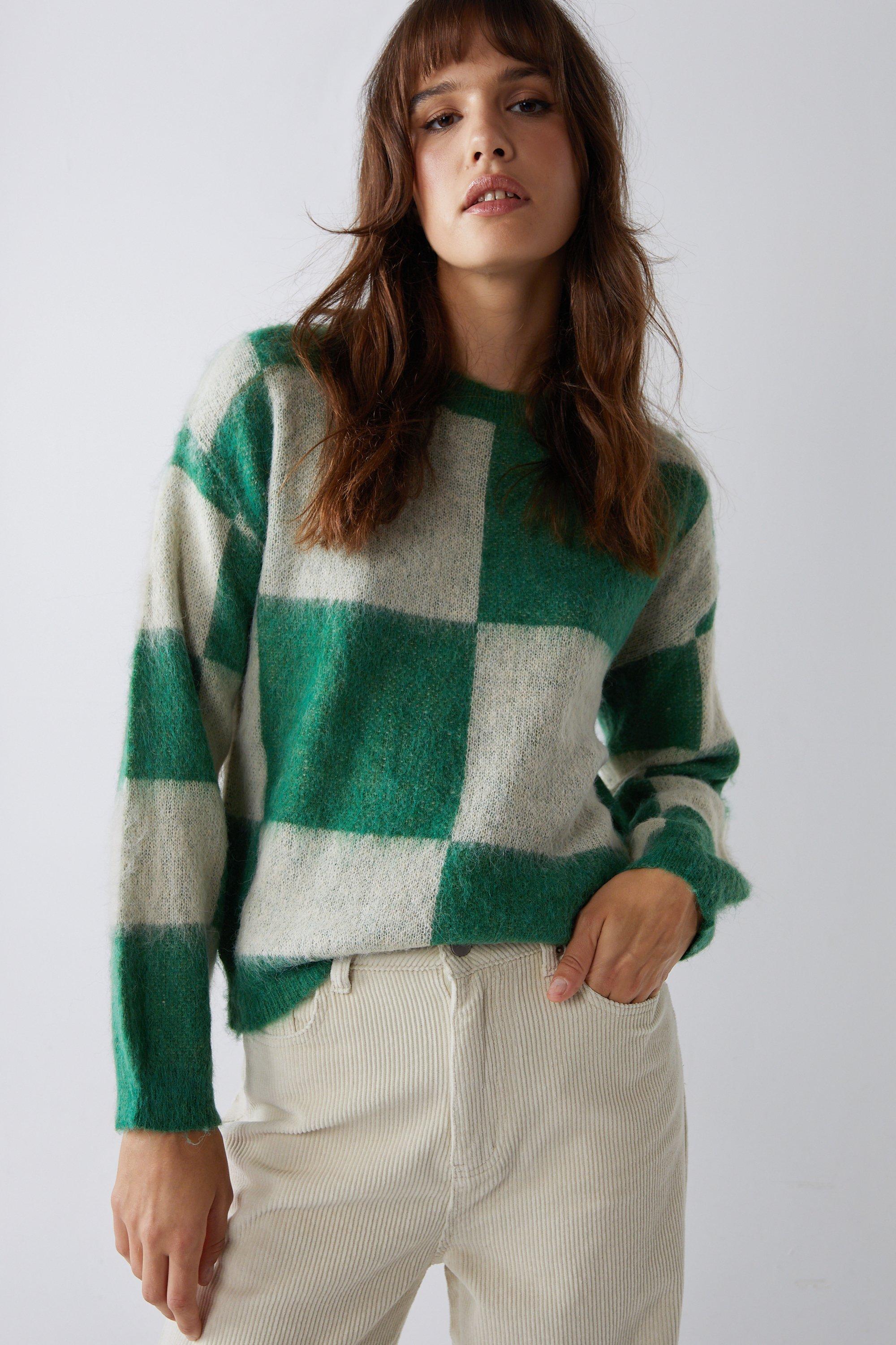Womens Brushed Knit Check Jumper - green