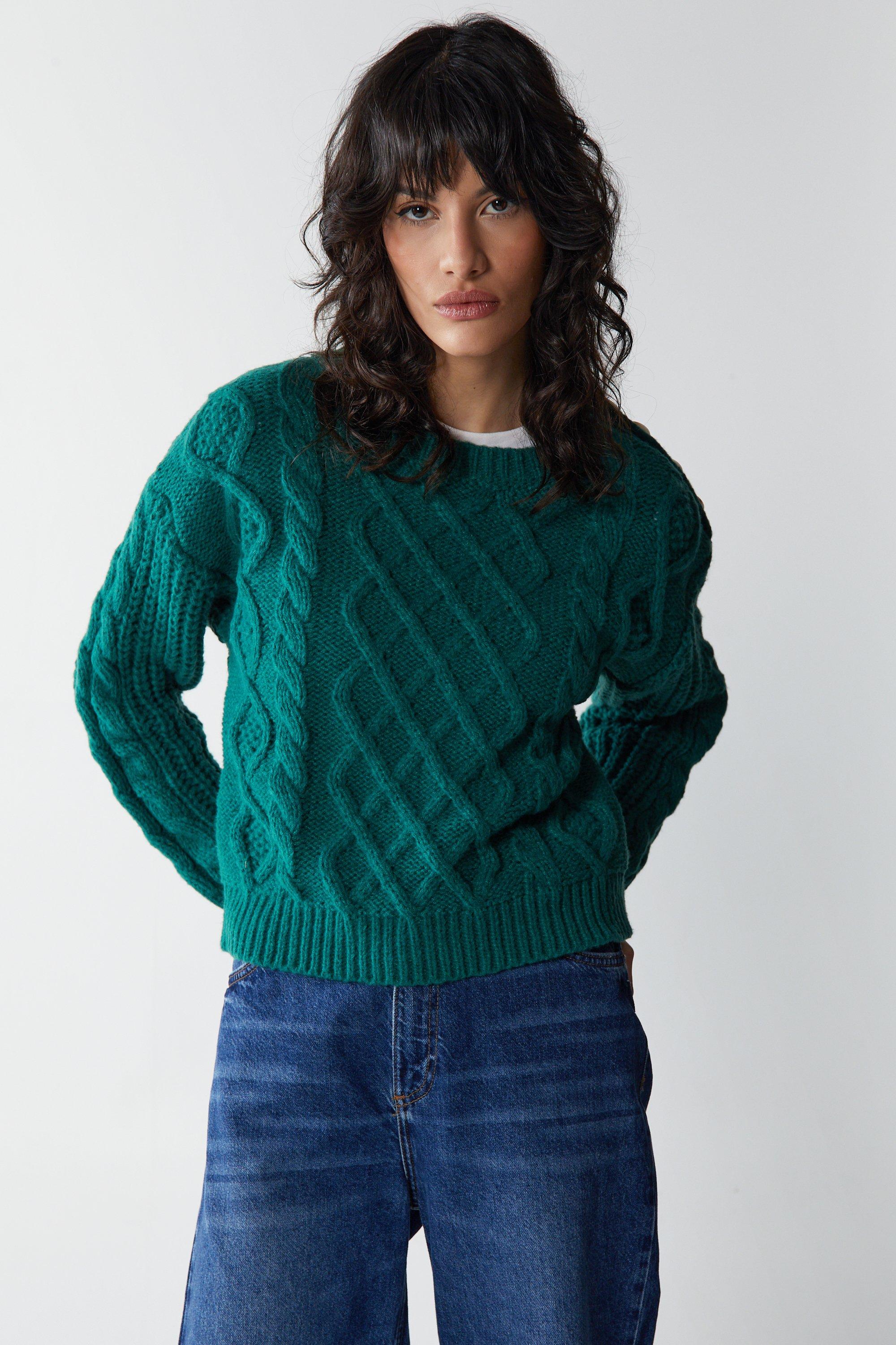 Womens Cable Button Shoulder Crew Neck Jumper - forest