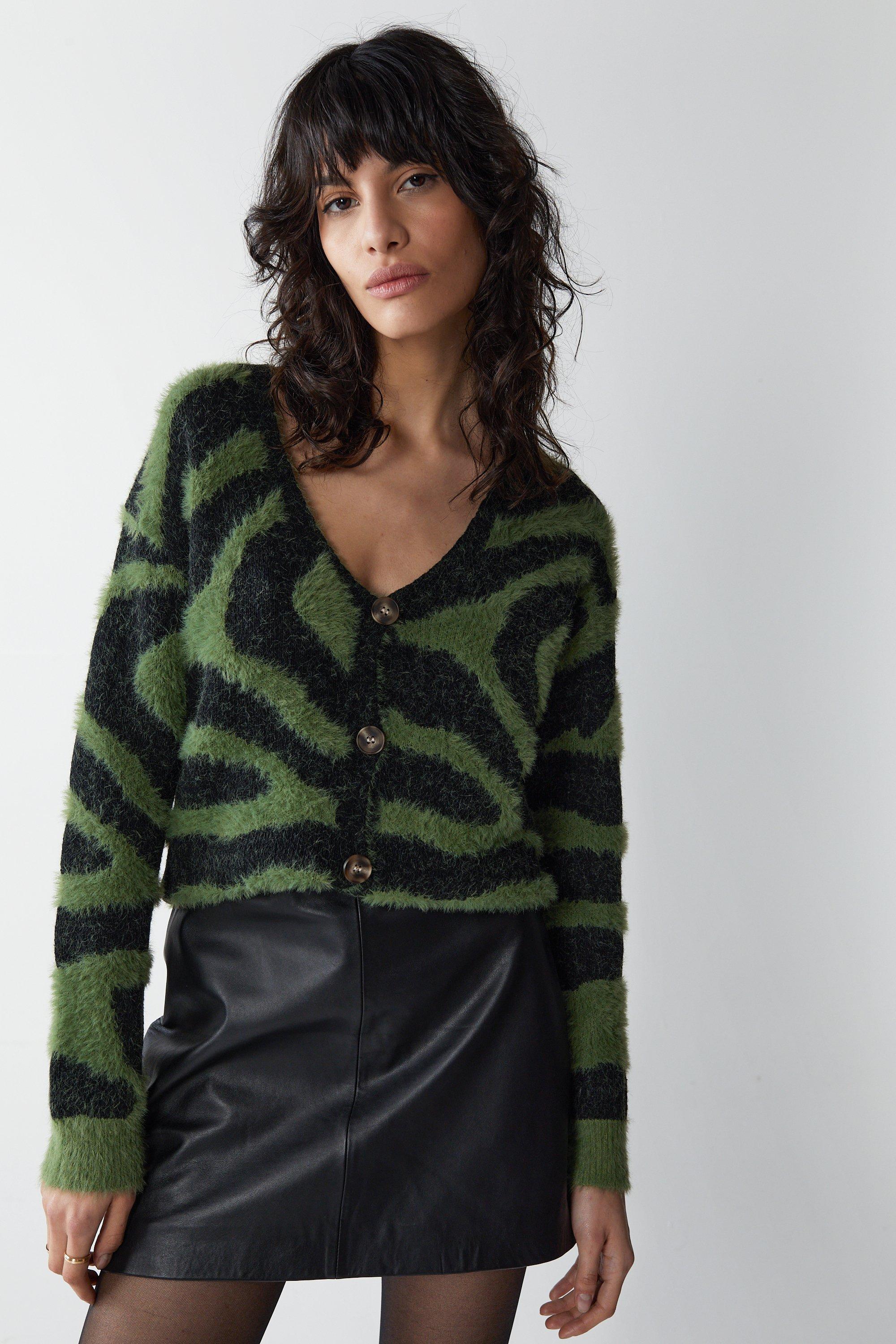 Womens Fluffy Knitted Zebra Oversized Cardigan - green