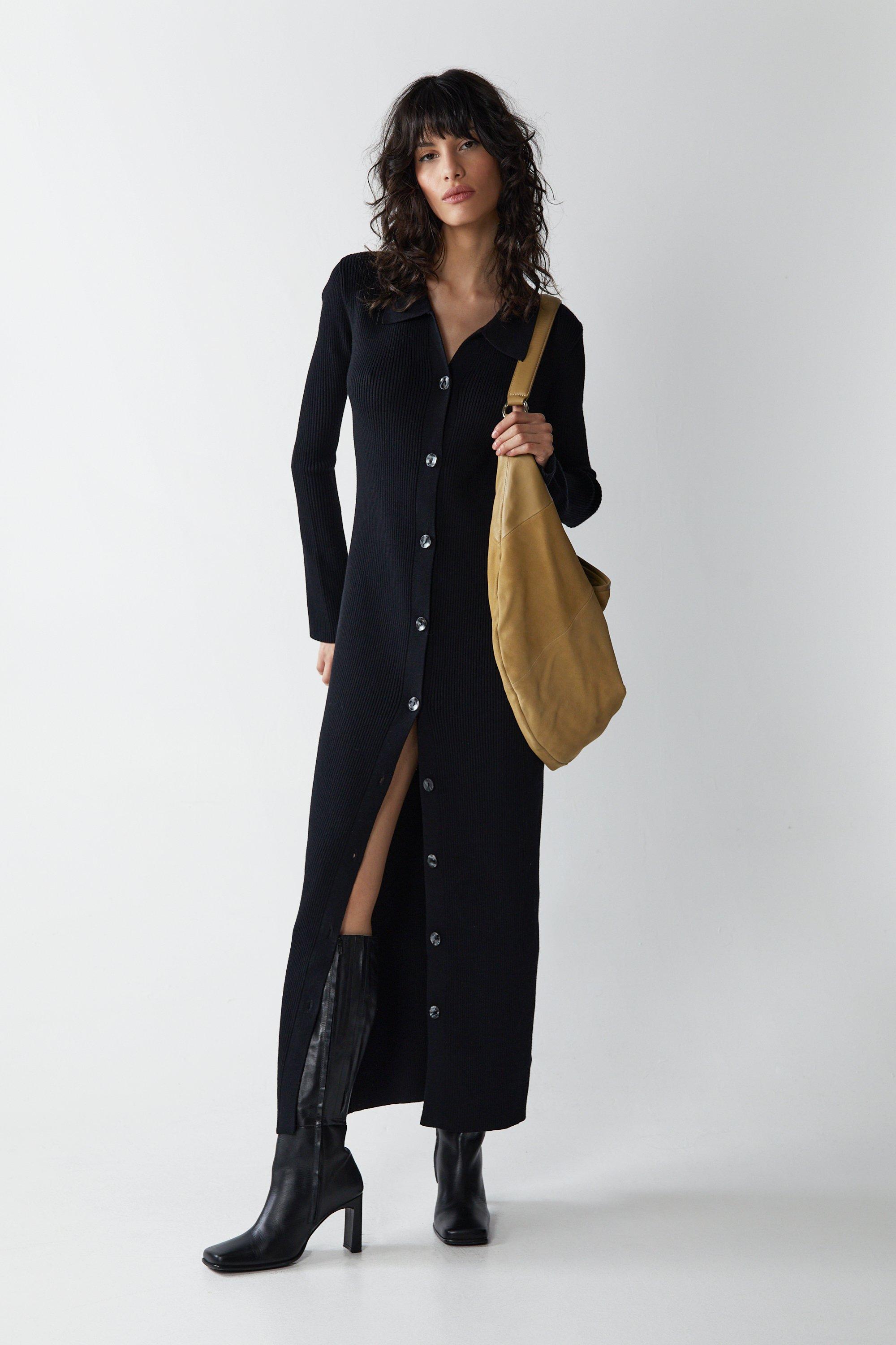 Womens Collar Button Up Midi Knitted Dress - black
