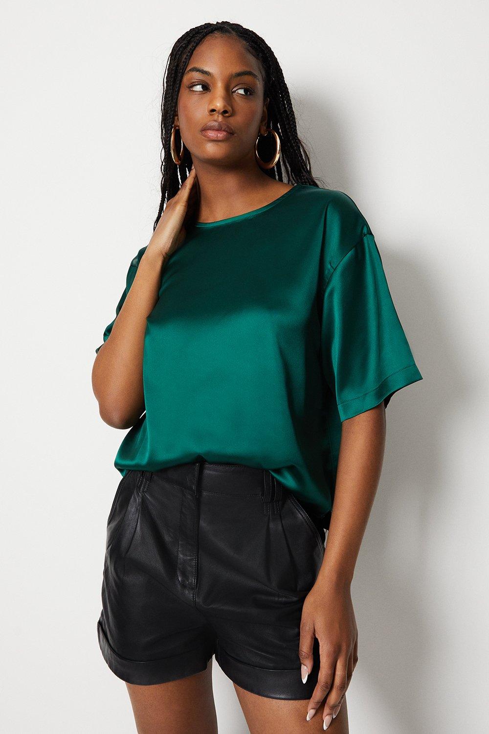 Womens Boxy Fit Satin Crepe Top - forest