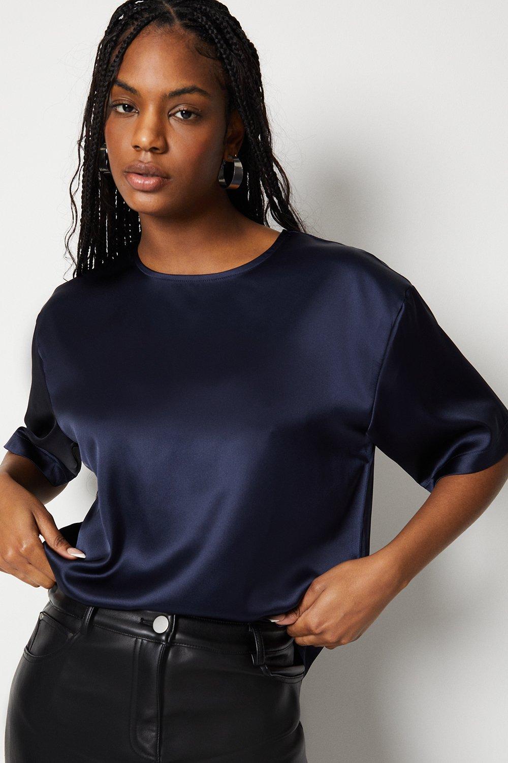 Womens Boxy Fit Satin Crepe Top - navy