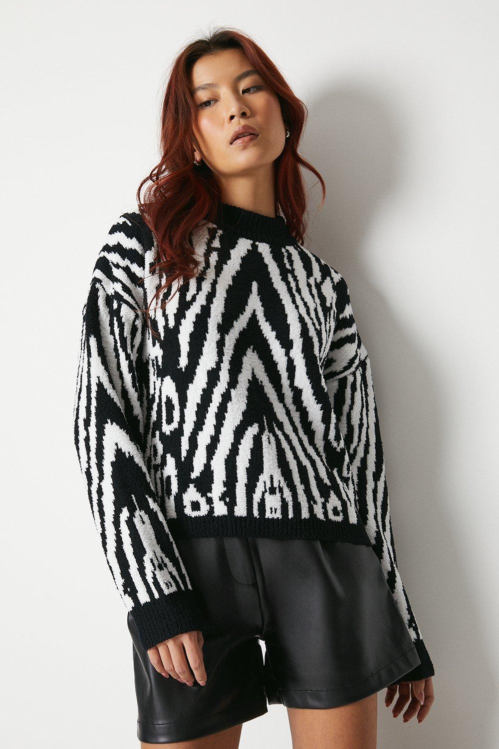 Womens Mono Zebra Knitted High  Neck Sweater - black