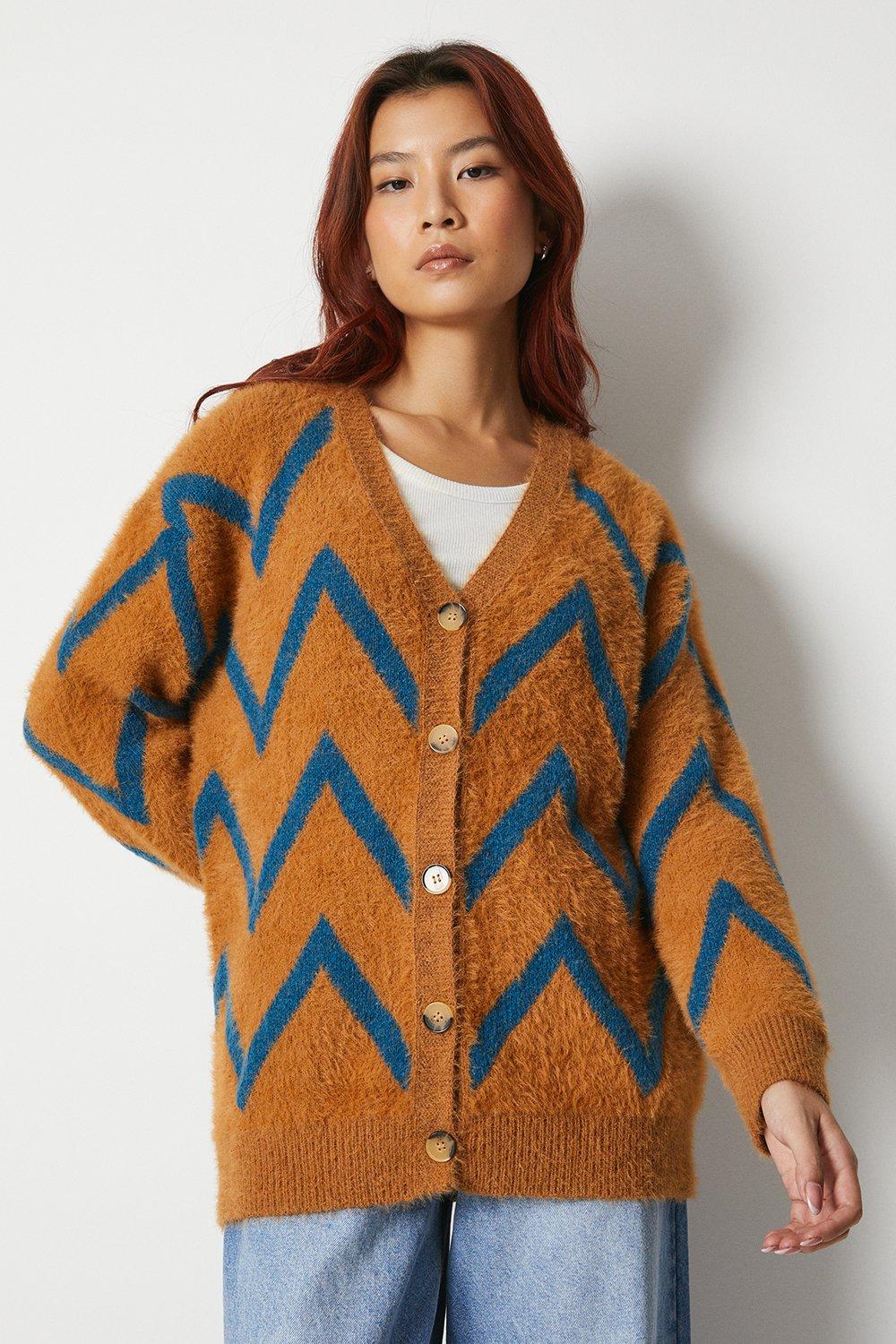 Womens Fluffy Knitted Oversized Cardigan - tan