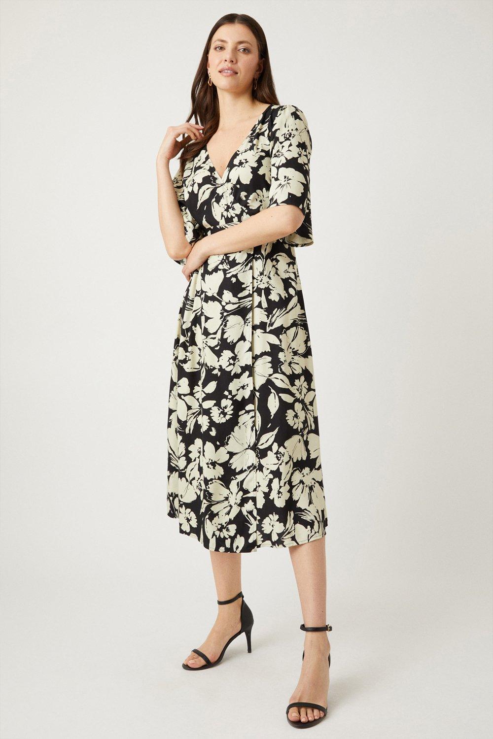 Dresses | Mono Floral Side Buckle Wrap Midi Dress | Wallis