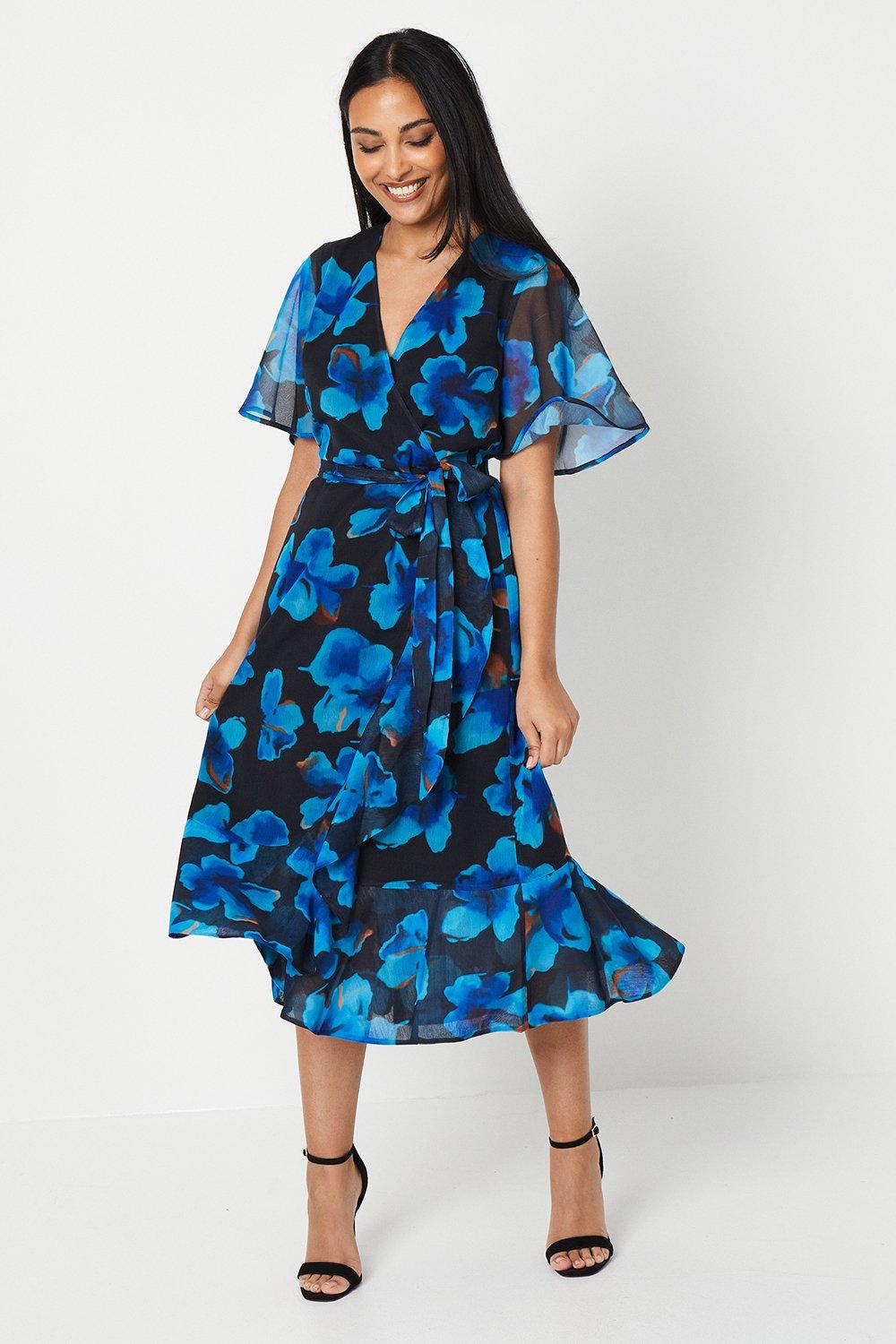 Dresses | Petite Navy Floral Print Wrap Midi Dress | Wallis