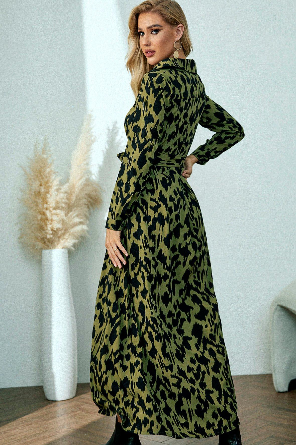 Dresses | Olive Green Animal Print Maxi Shirt Dress With Tie Waist + Free  Gold Stretch Belt | FS Collection