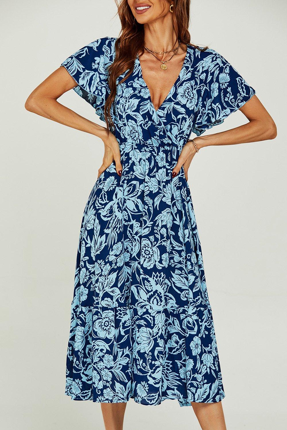 Dresses | Pretty Floral Print Wrap Midi Dress In Blue | FS Collection