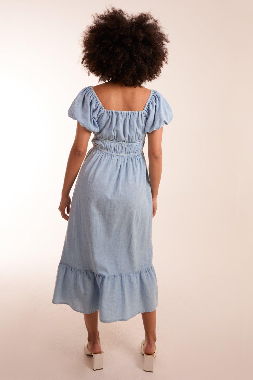 Blue Vanilla Bronze Puff Sleeve Mini Swing Dress
